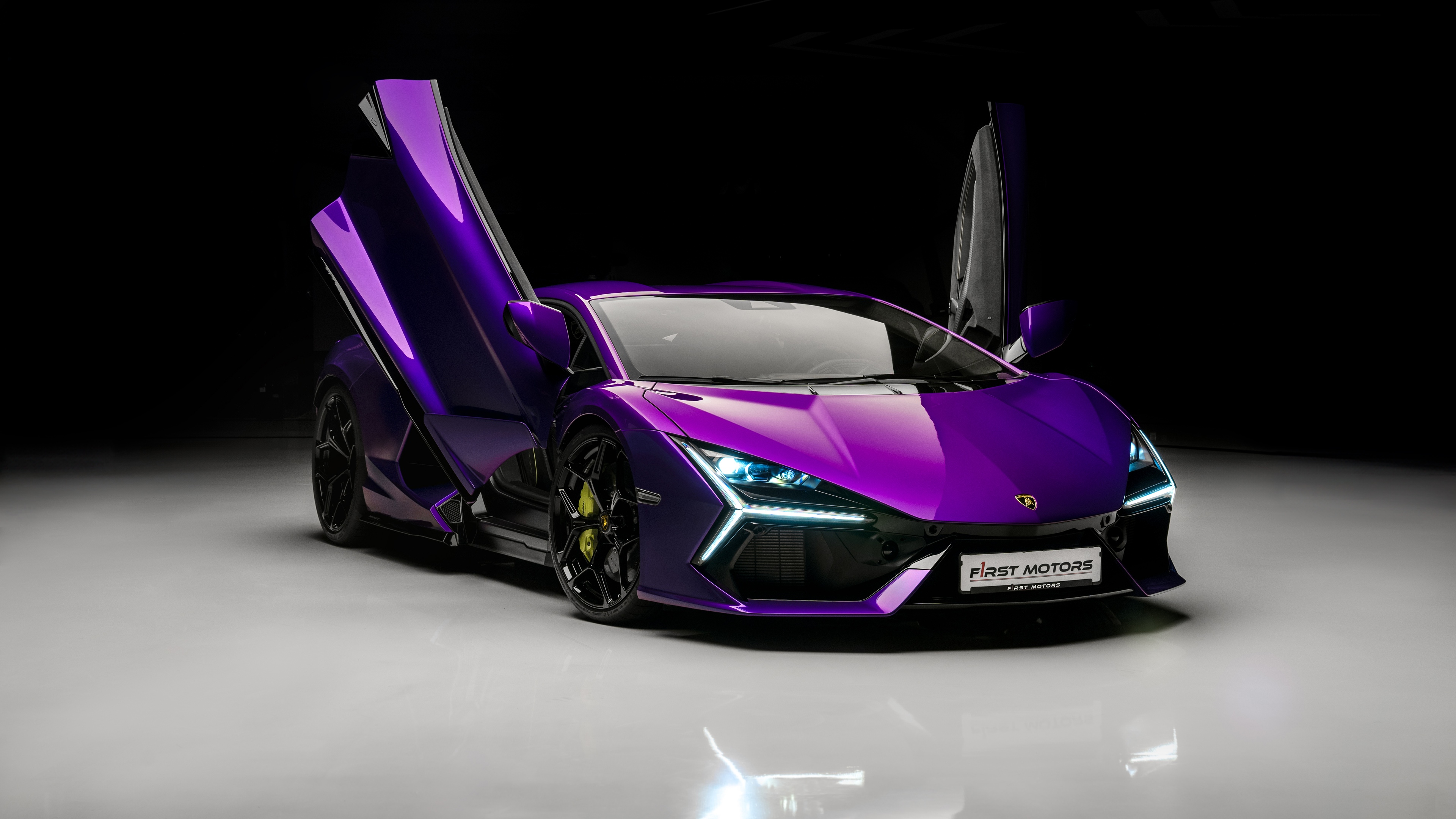 A high-detail, close-up view of a Lamborghini Revuelto supercar featuring a vibrant purple aesthetic and sleek automotive design.