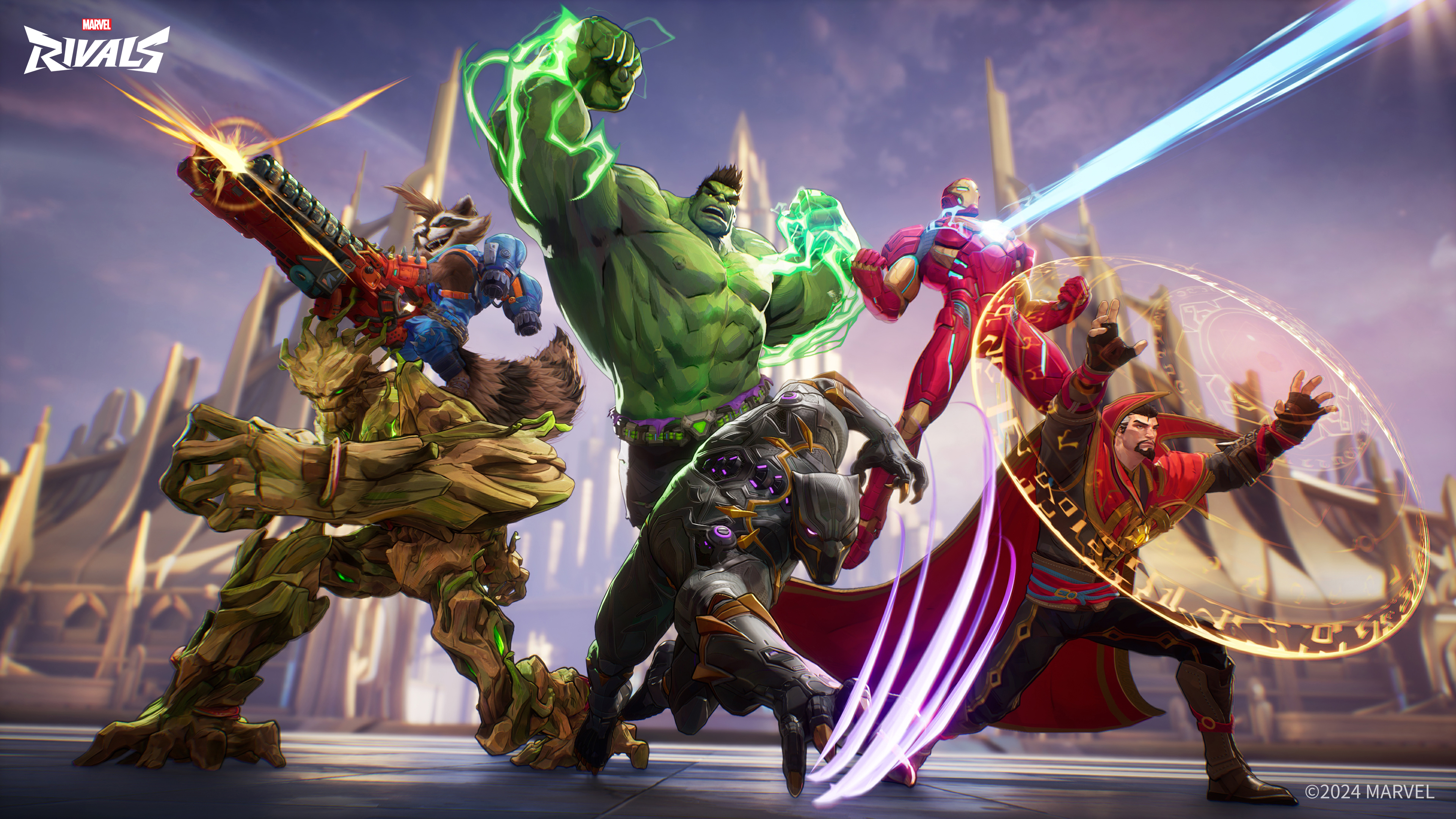 A dynamic battle scene featuring superheroes from the Marvel Rivals universe in an intense combat sequence.