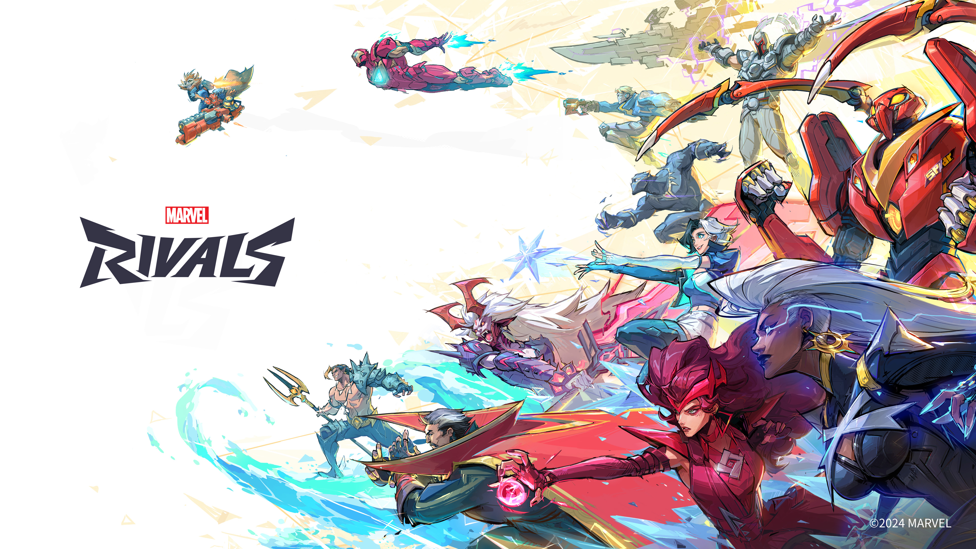 An action-packed key art composition for the video game Marvel Rivals featuring iconic Marvel superheroes.