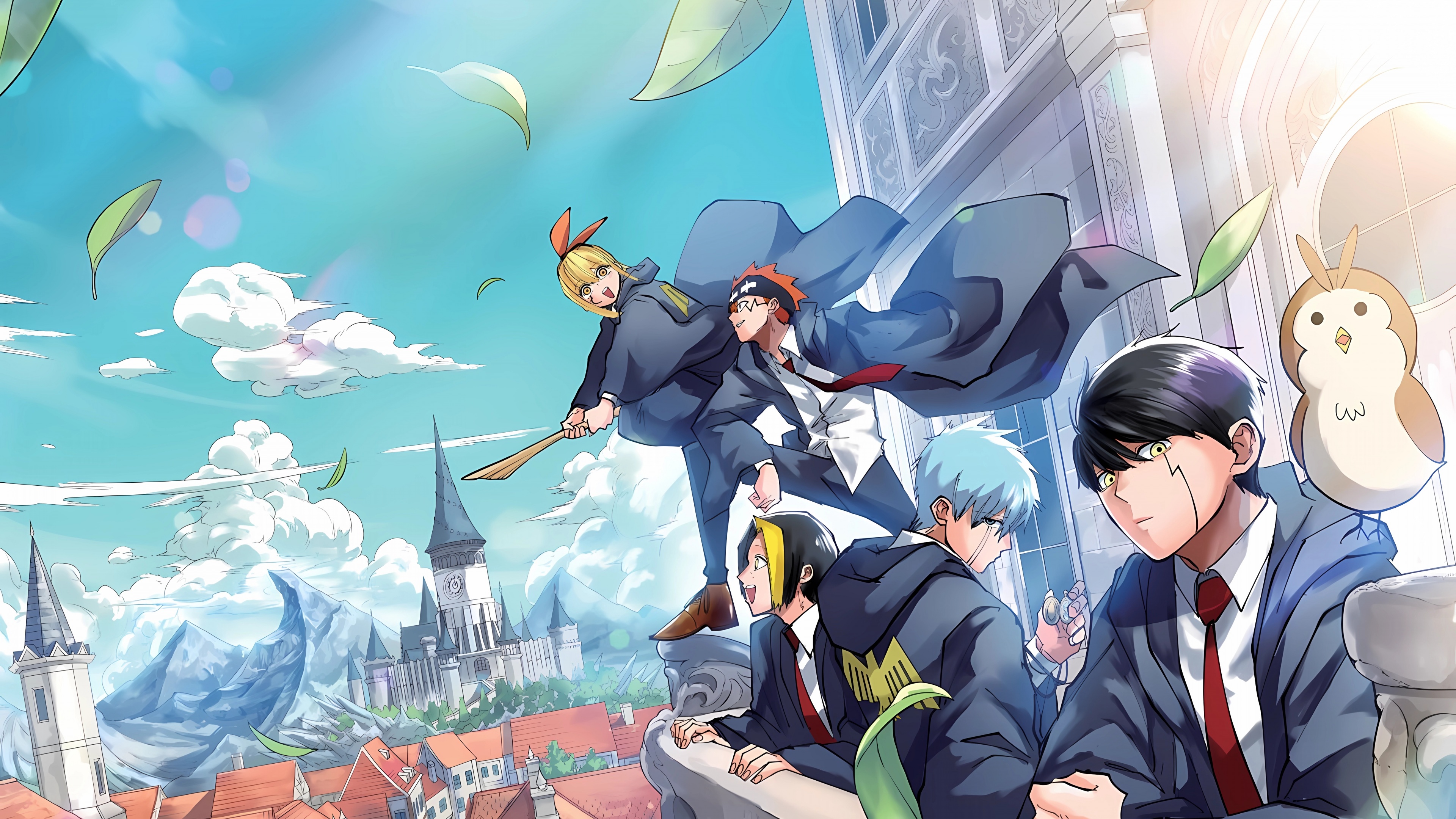 A group shot of Mash Burnedead, Finn Ames, Lance Crown, and Dot Barrett from the anime Mashle: Magic and Muscles