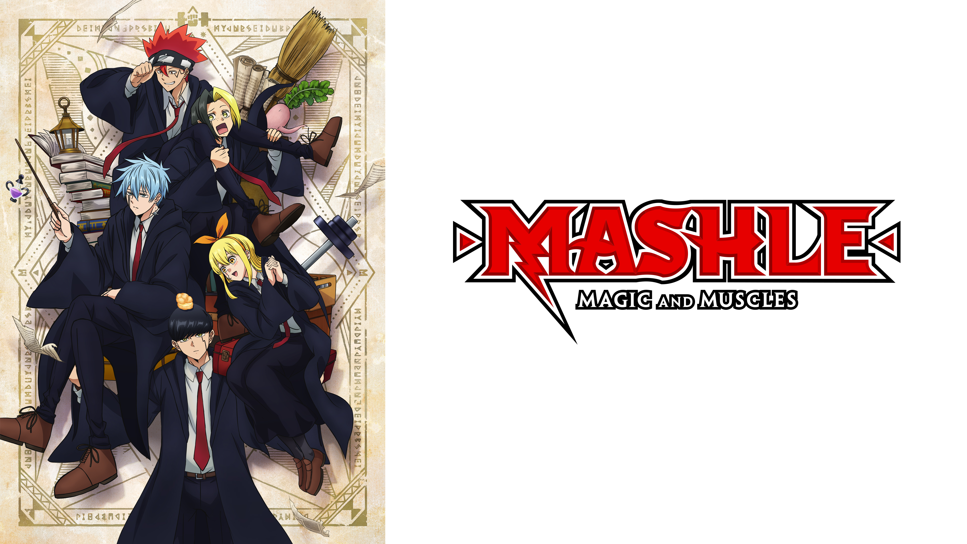 The main characters Mash Burnedead, Finn Ames, Lance Crown, and Dot Barrett from the anime and manga series Mashle: Magic and Muscles.