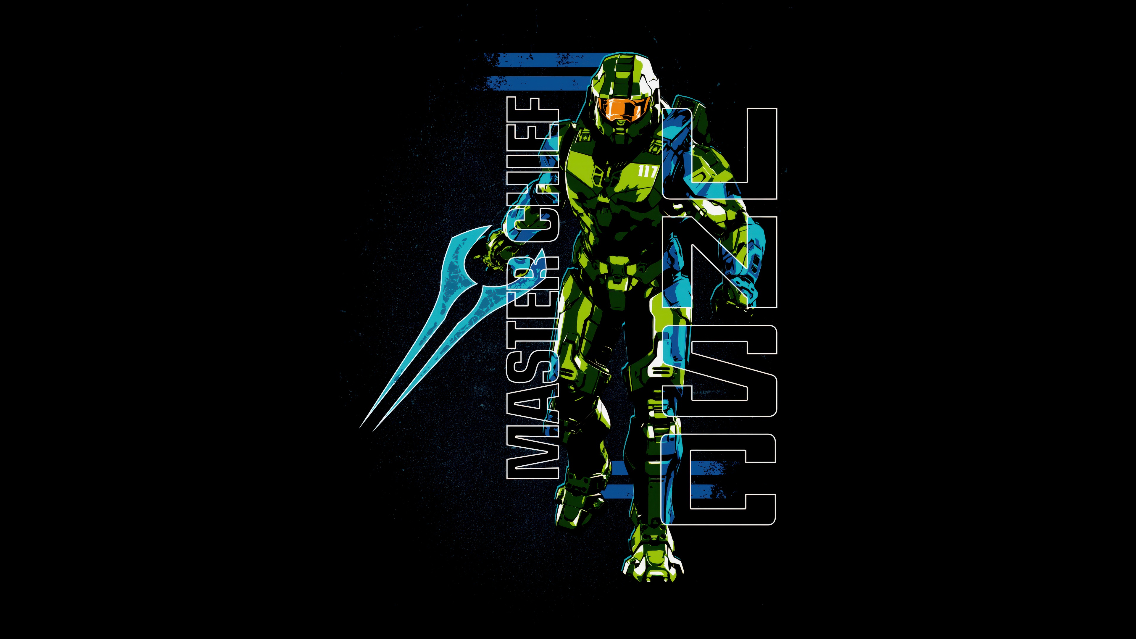 Master Chief from the Halo series in high-contrast AMOLED style against a black background