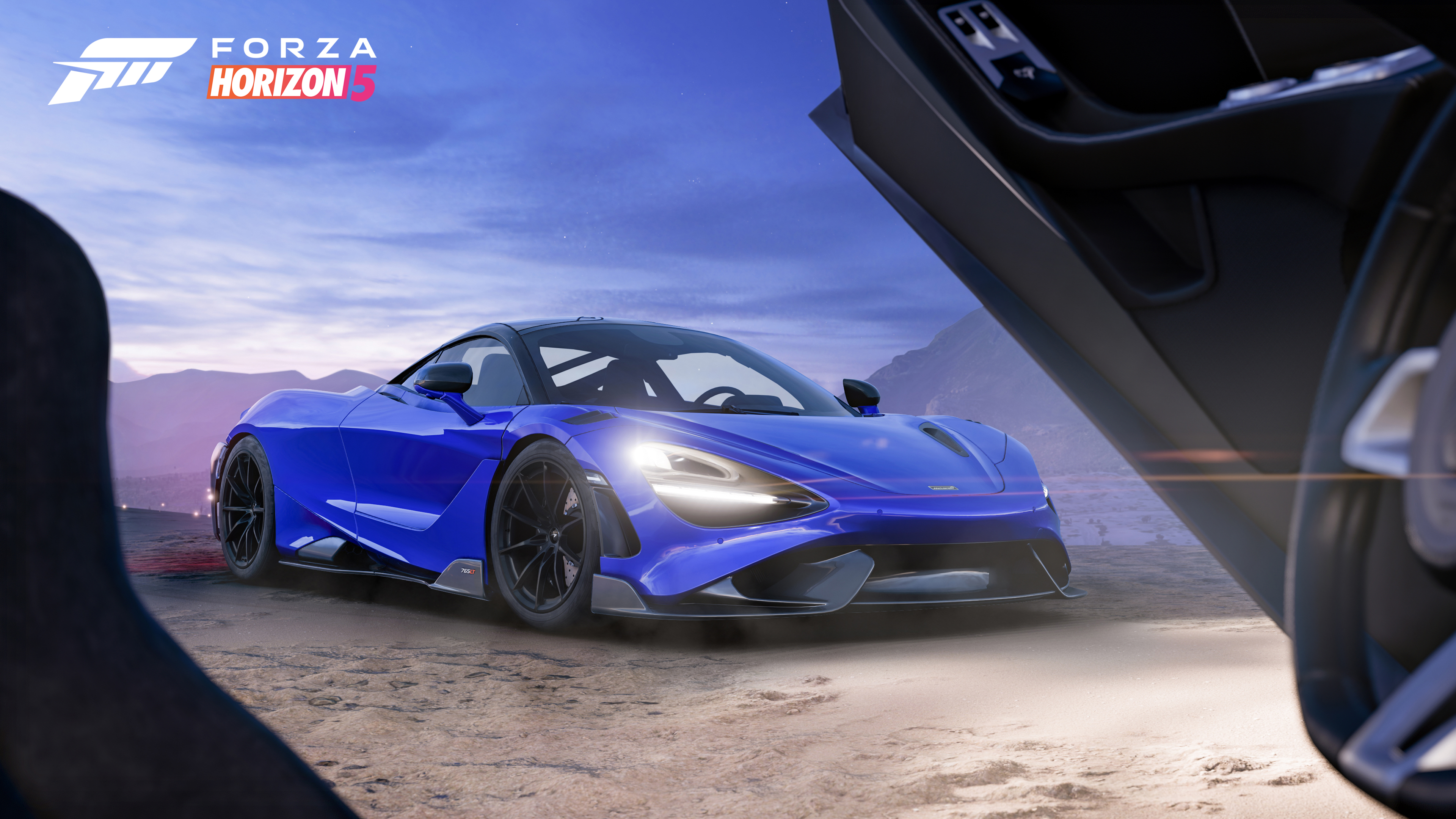 A cinematic high-resolution shot of a McLaren 765LT supercar featured in the video game Forza Horizon 5.