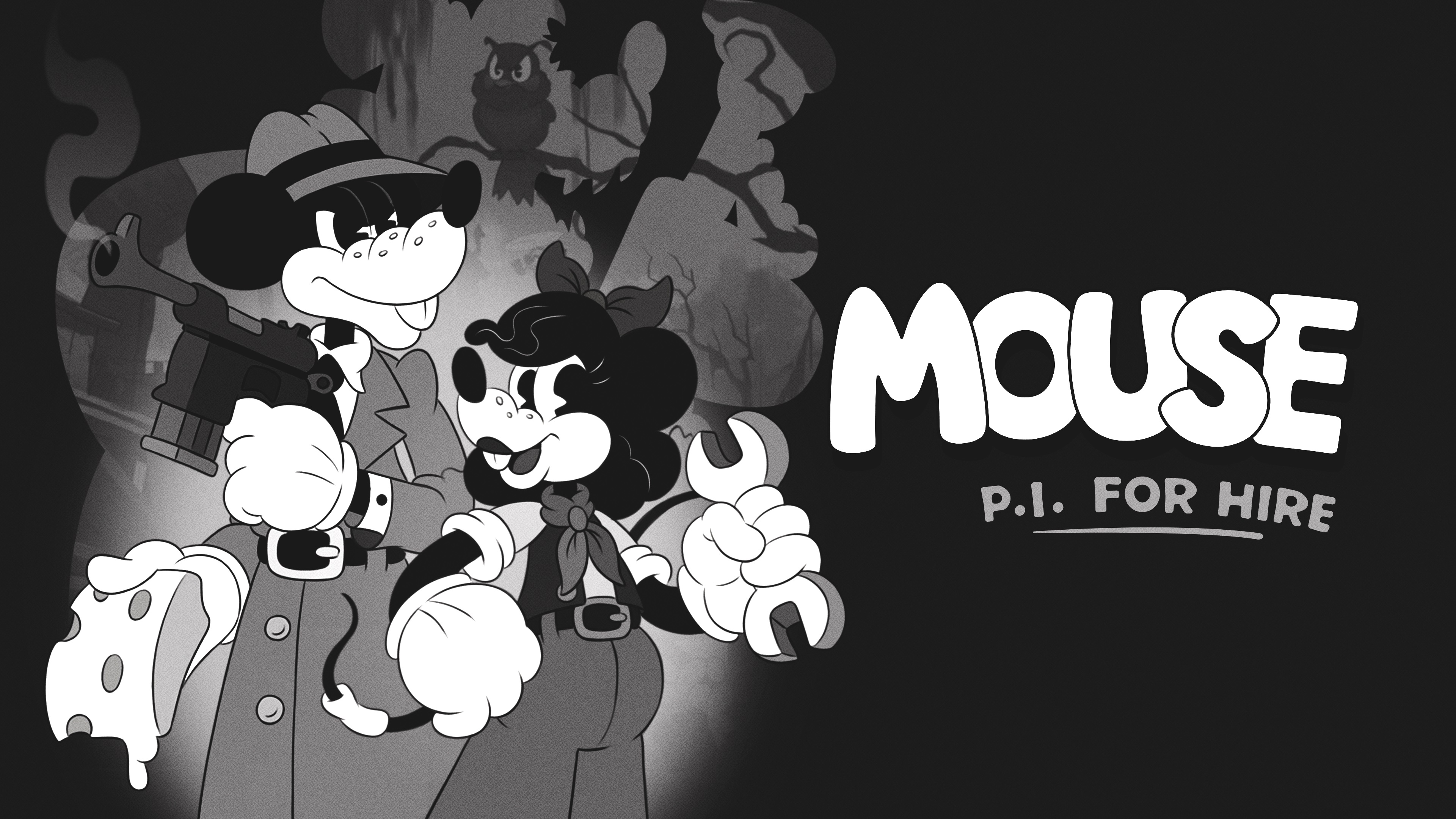 A high-contrast, monochrome portrait of Disney's Mickey Mouse in a modern 2024 gaming art style.