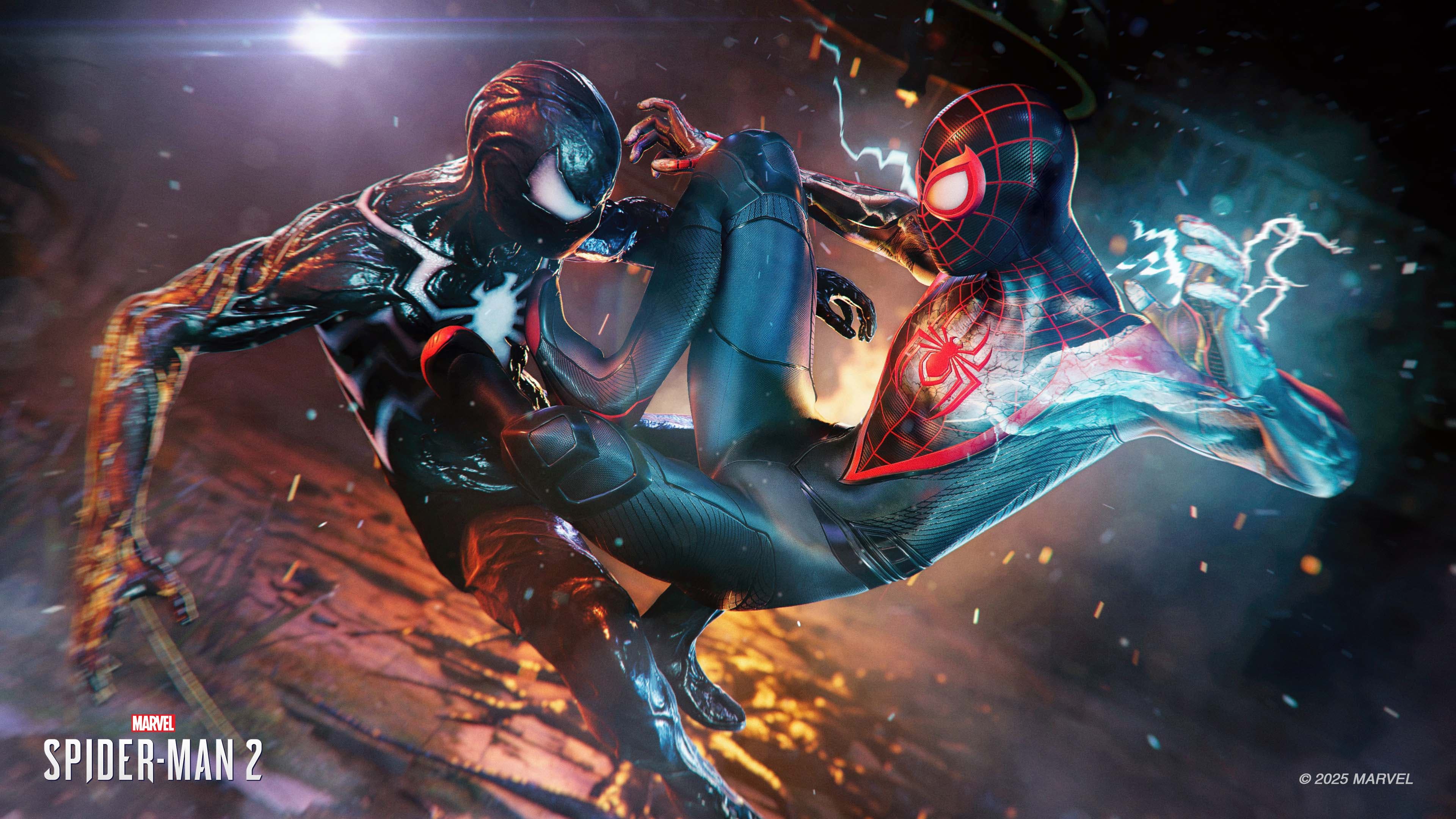 Miles Morales wearing the black Symbiote suit from Marvel's Spider-Man 2