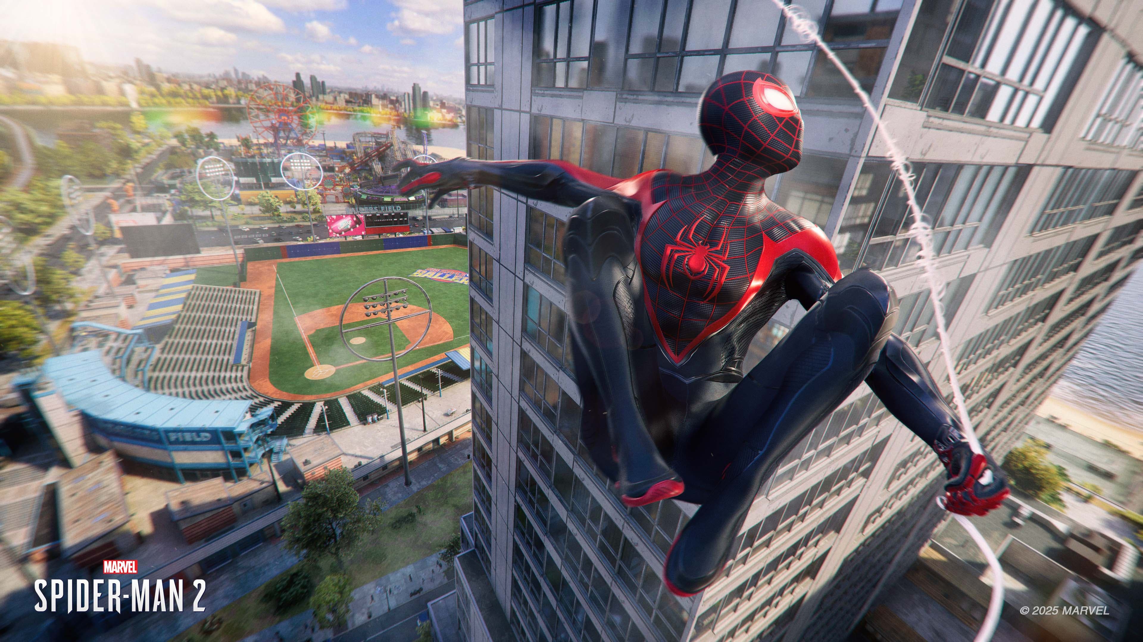 Miles Morales swinging through skyscrapers in Marvel's Spider-Man 2