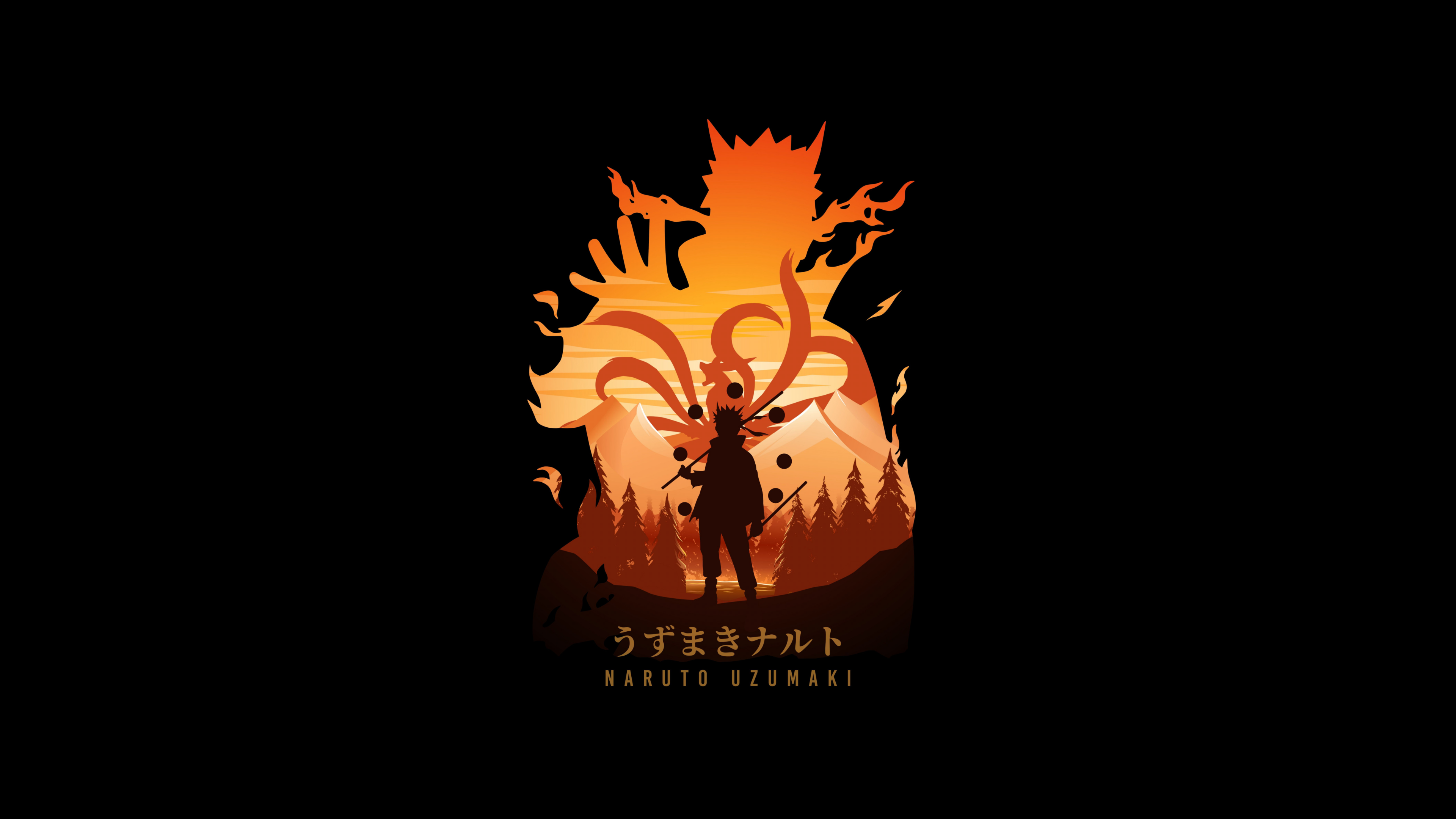 Minimalist vector-style art of Naruto Uzumaki against a solid black background.