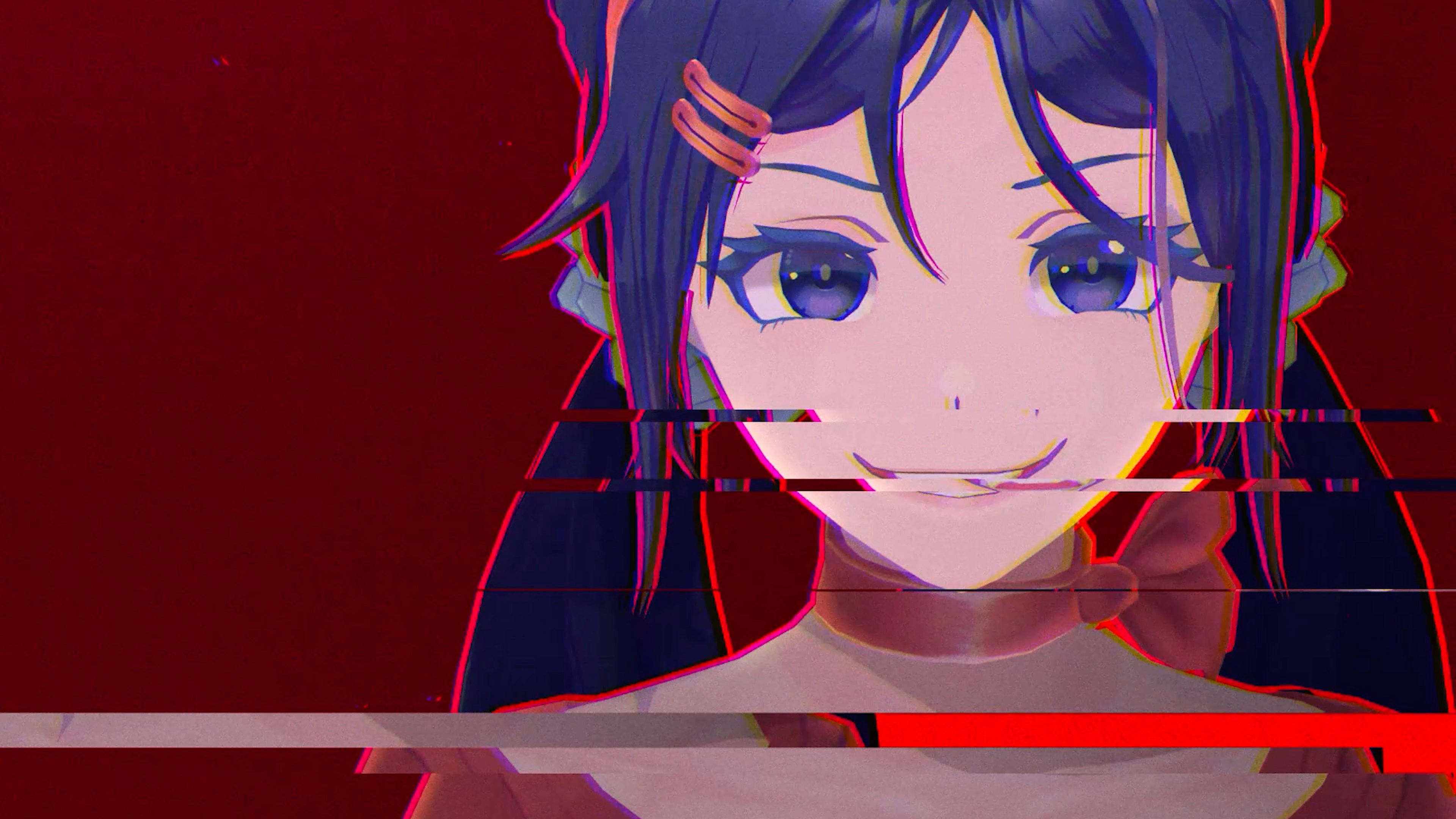 Mita from the anime game MiSide, featuring anime-style art on a vibrant red background.
