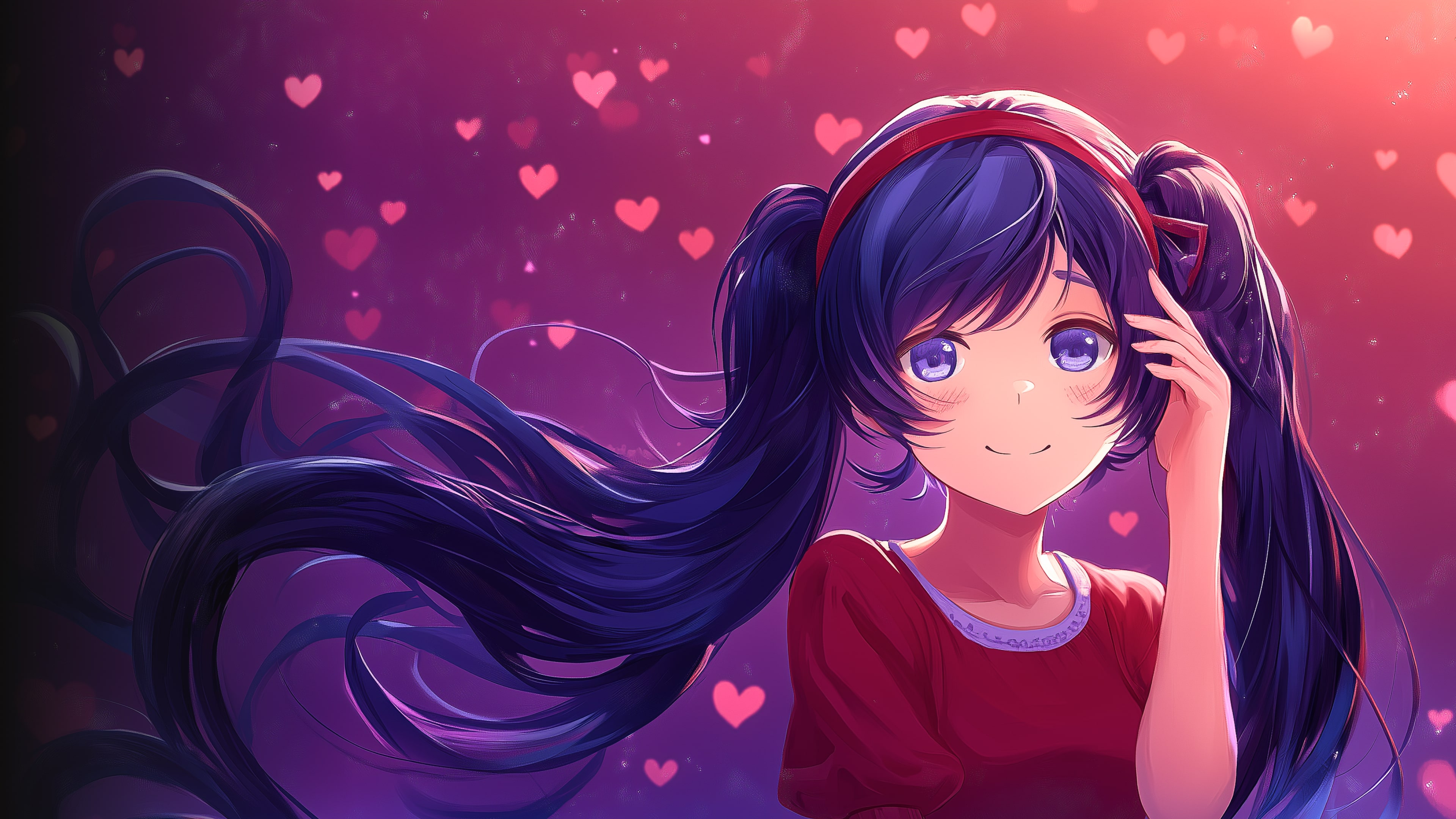 Mita from MiSide anime girl with pink hearts on a pink background