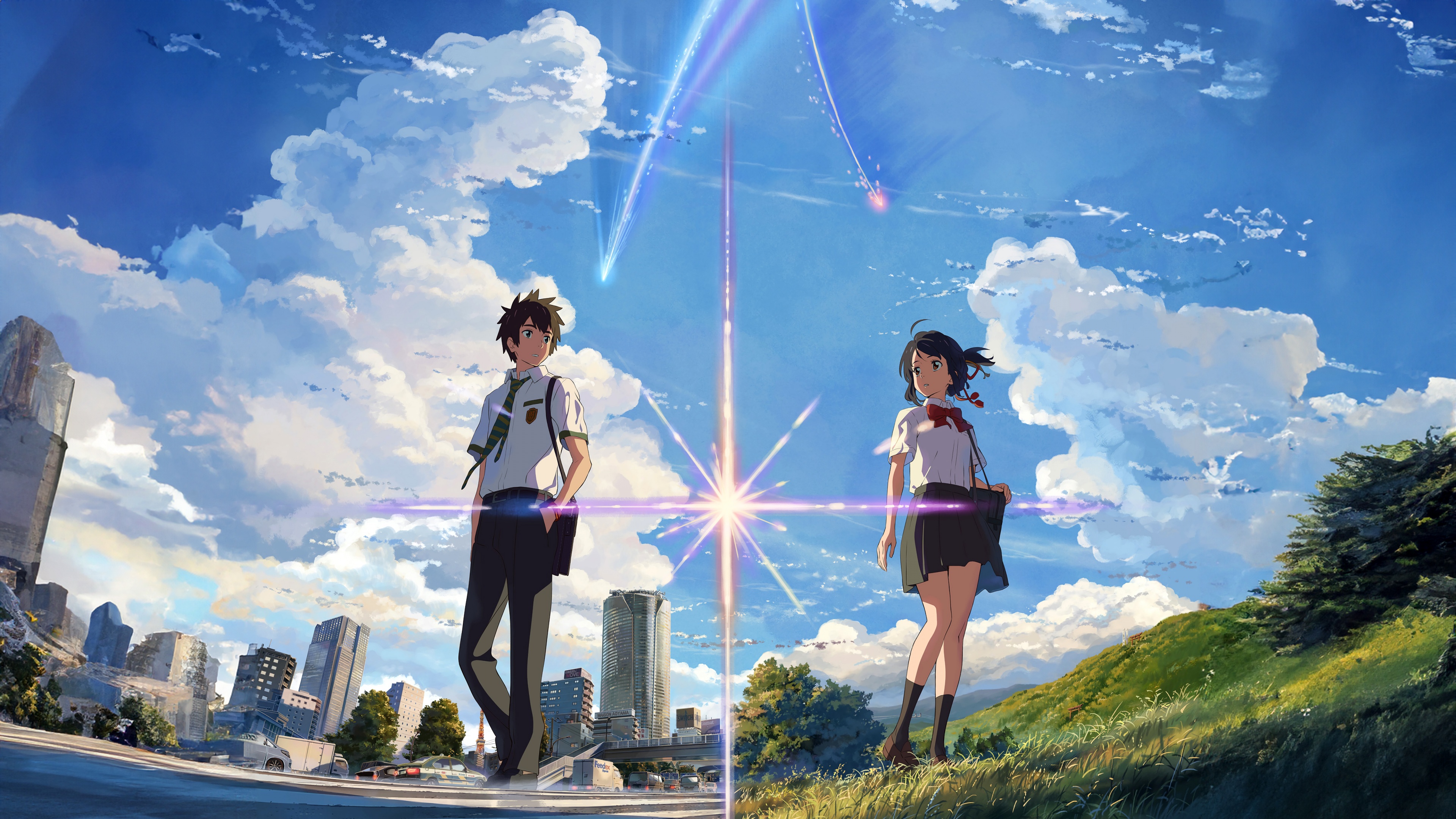 Mitsuha Miyamizu and Taki Tachibana from Kimi no Na wa standing under a sky filled with Comet Tiamat and shooting stars.