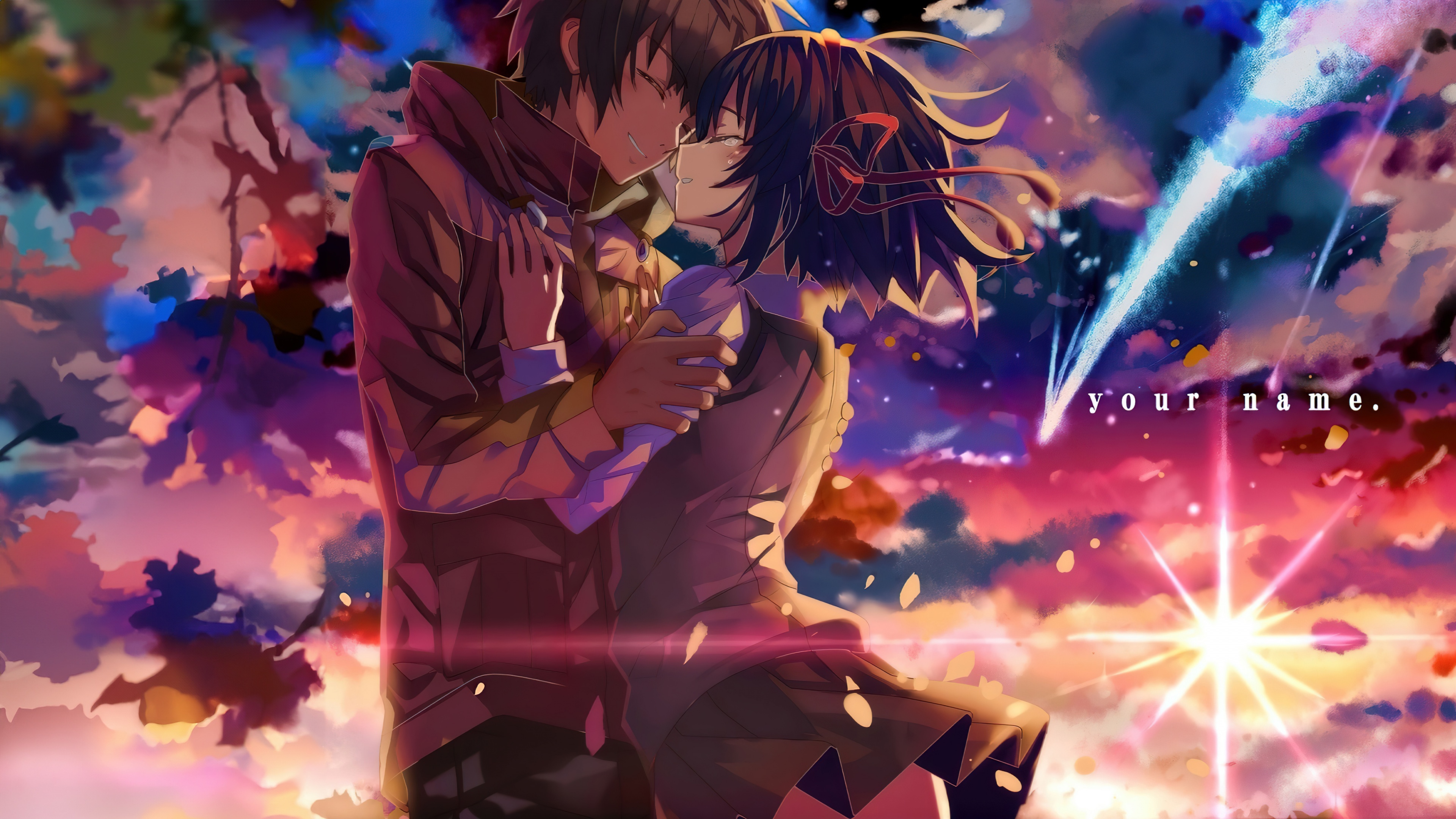 Anime couple Mitsuha Miyamizu and Taki Tachibana from Kimi no Na wa observing a spectacular comet and shooting stars in a cosmic night sky.