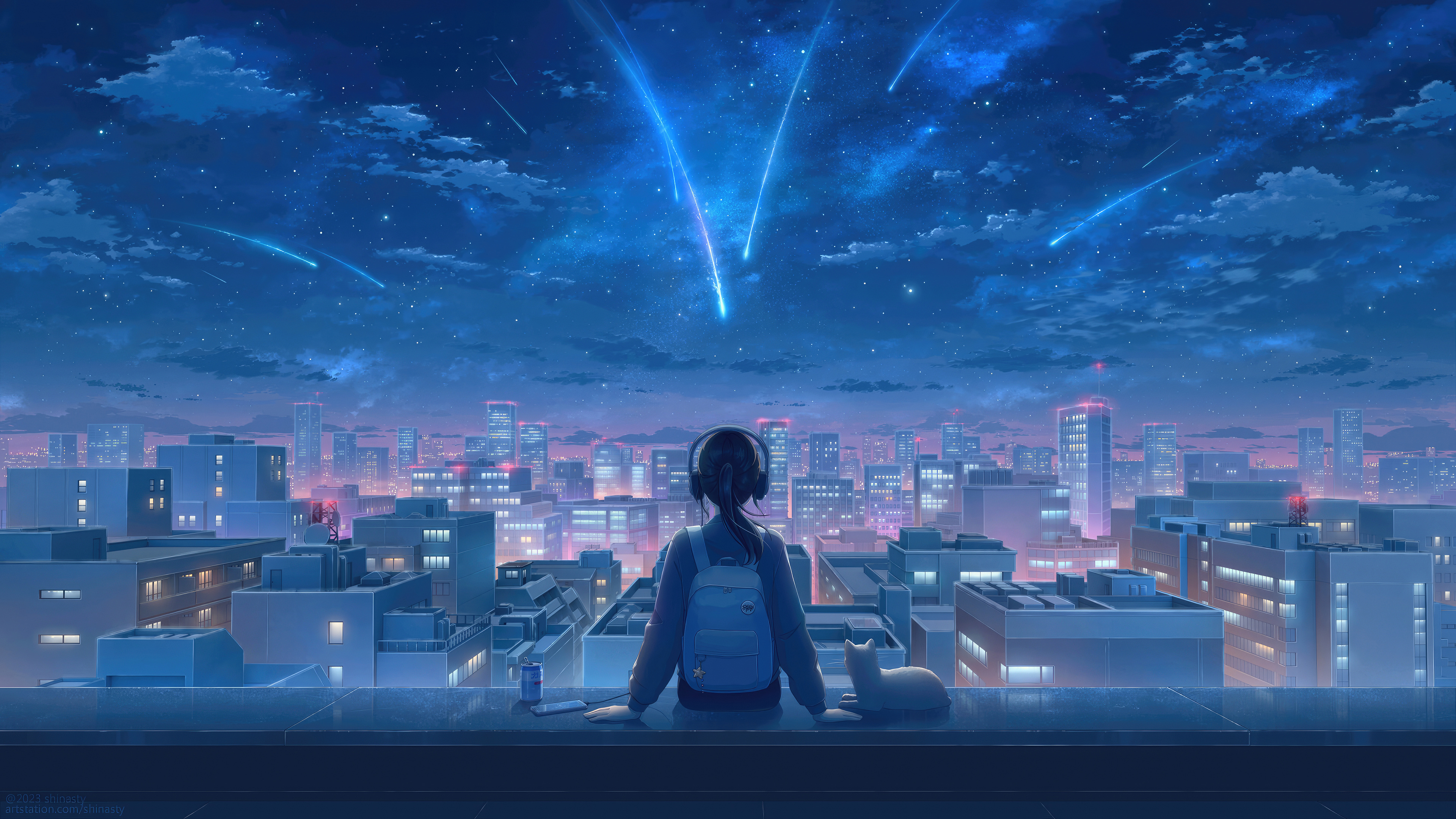 Lofi anime-style artwork of Mitsuha Miyamizu from Kimi no Na wa looking at the Comet Tiamat and shooting stars in a starry night sky.