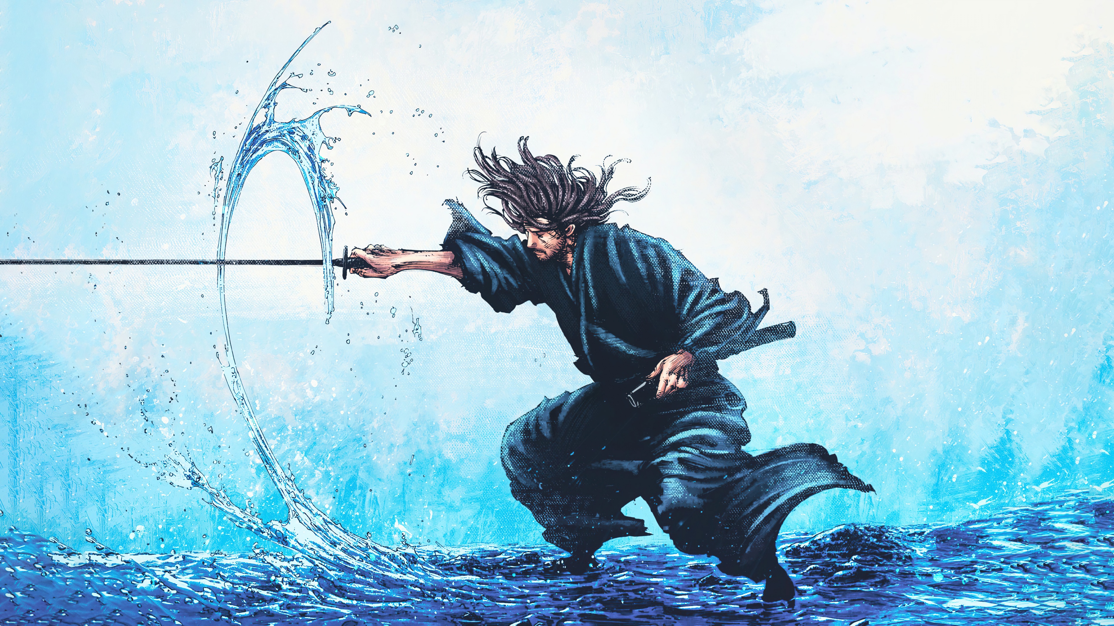 A highly detailed, cinematic portrait of the swordsman Miyamoto Musashi from the manga Vagabond.