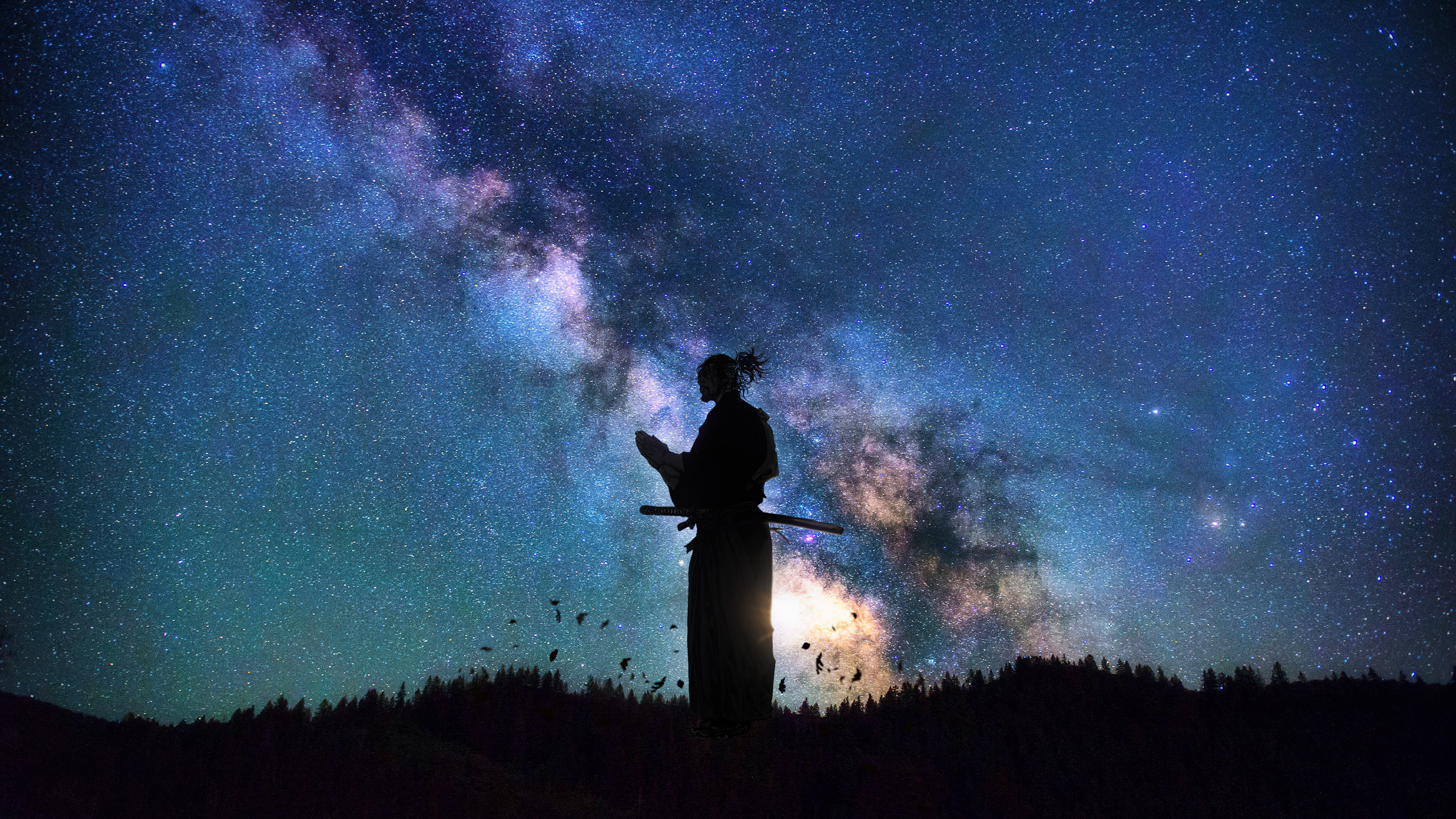 A silhouette of Miyamoto Musashi from the manga Vagabond standing beneath a vibrant, starry Milky Way galaxy.