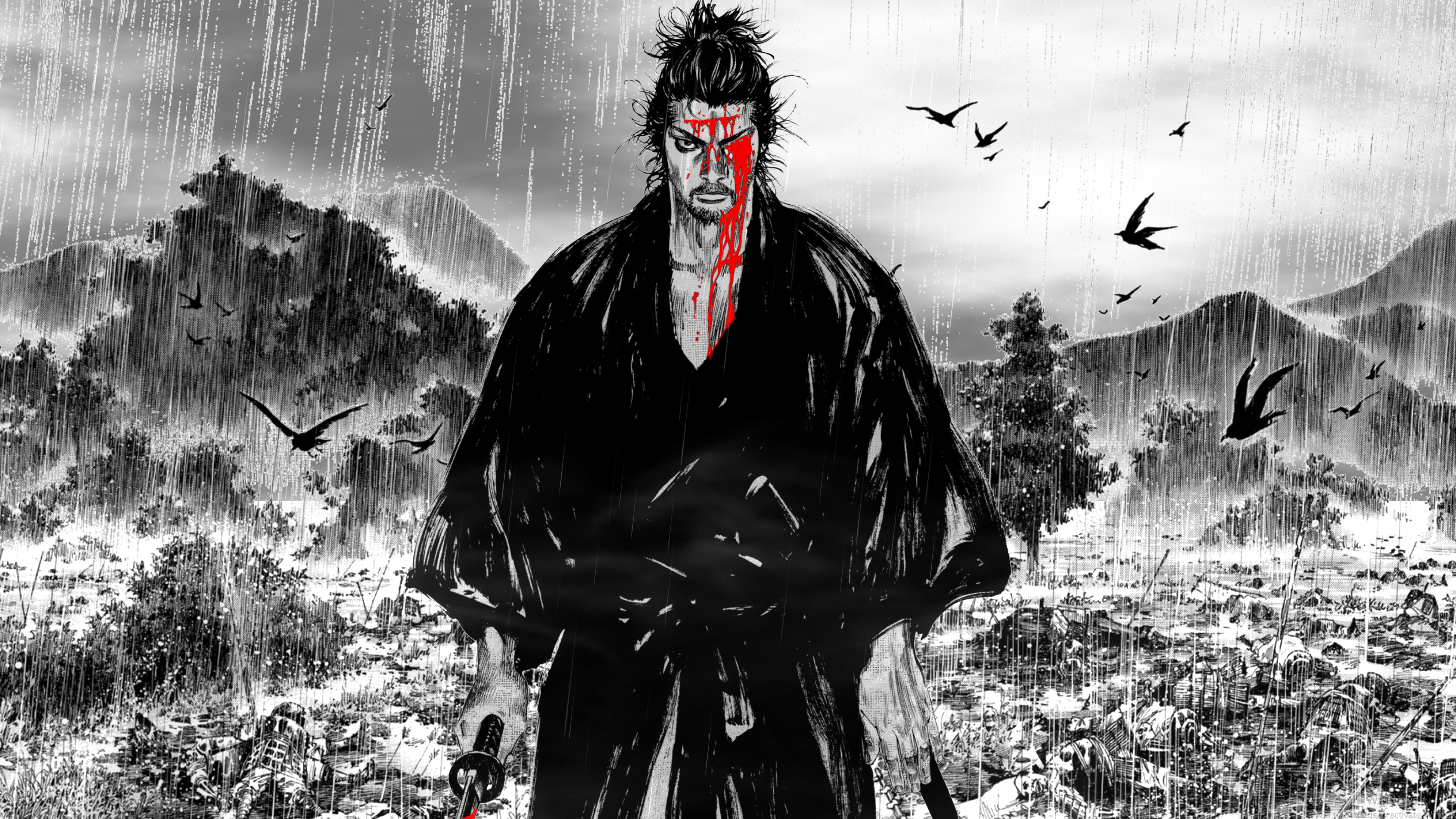 Monochrome ink-style artwork of Miyamoto Musashi from the manga Vagabond, featuring dramatic shadows and high contrast.