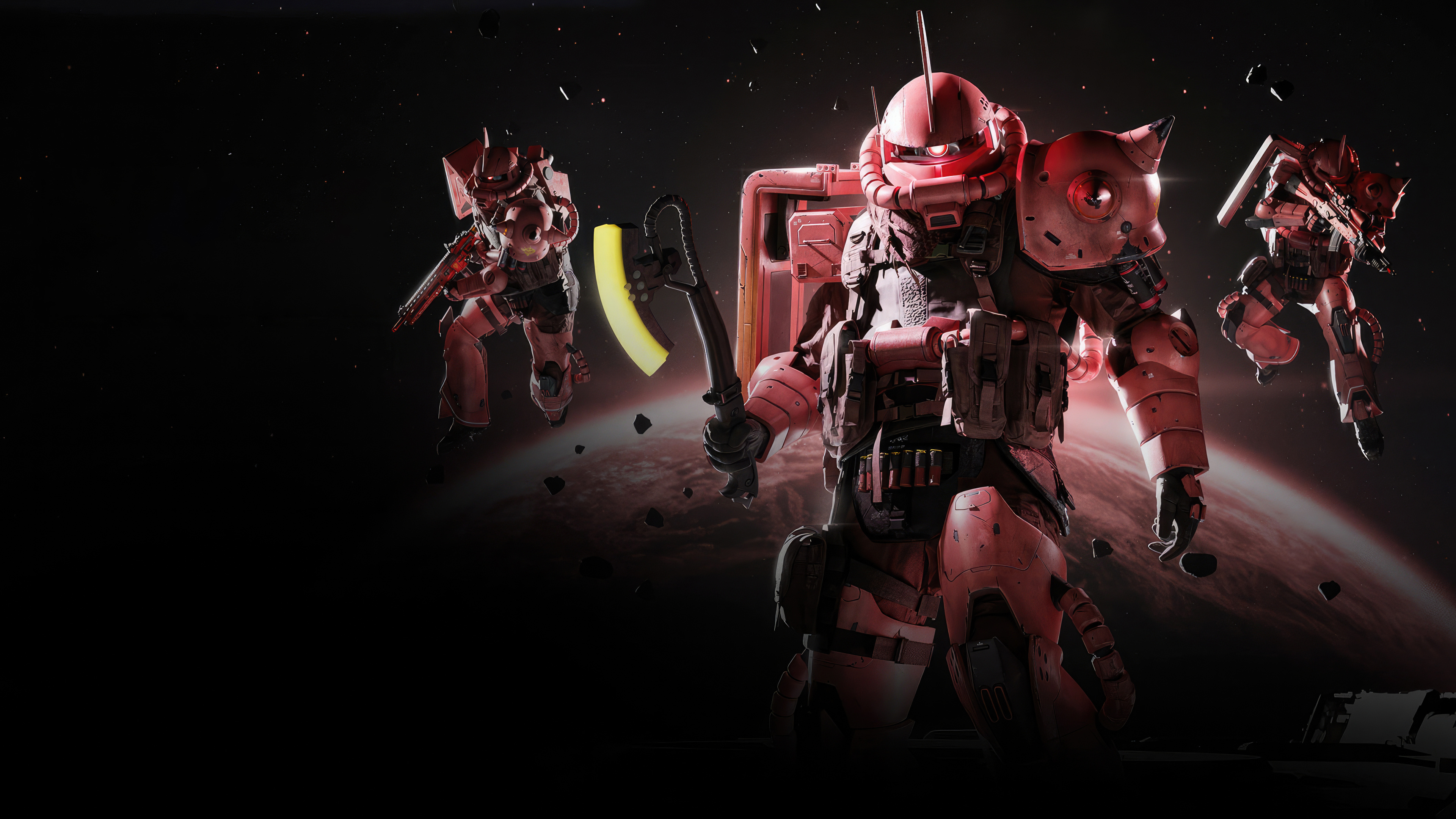 A battle-damaged Gundam mecha standing in a destroyed city street filled with smoke and debris, blending Mobile Suit Gundam aesthetics with a Call of Duty Warzone atmosphere.