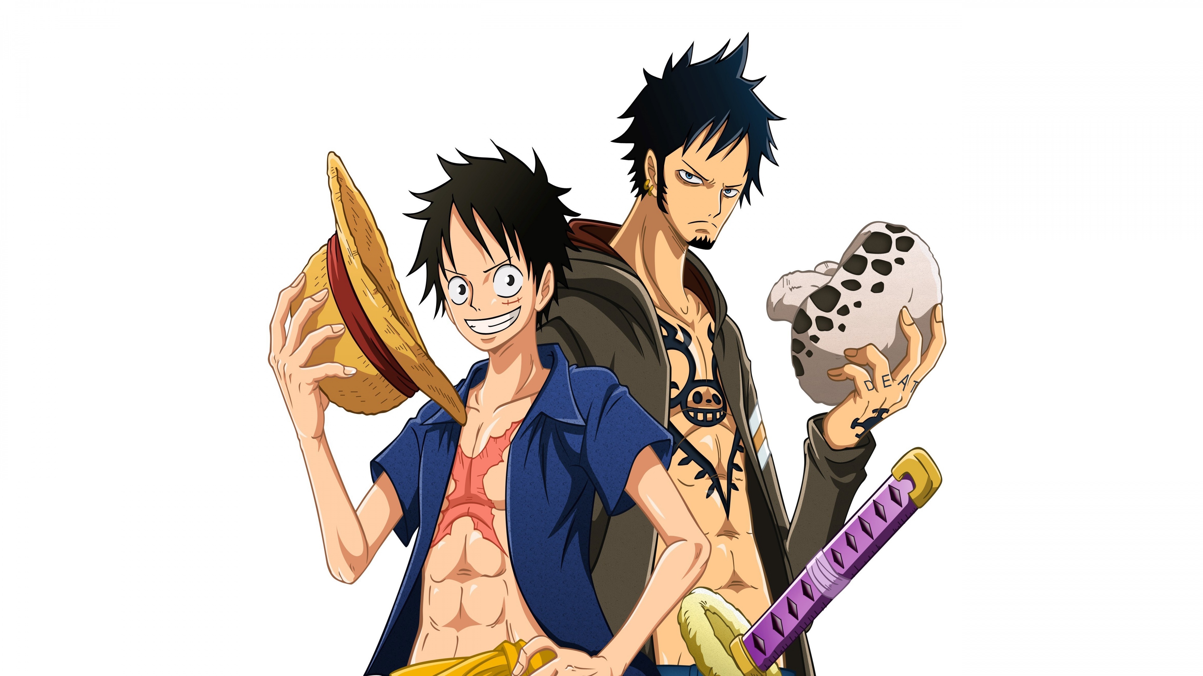 Monkey D. Luffy and Trafalgar Law from the One Piece anime series against a white background