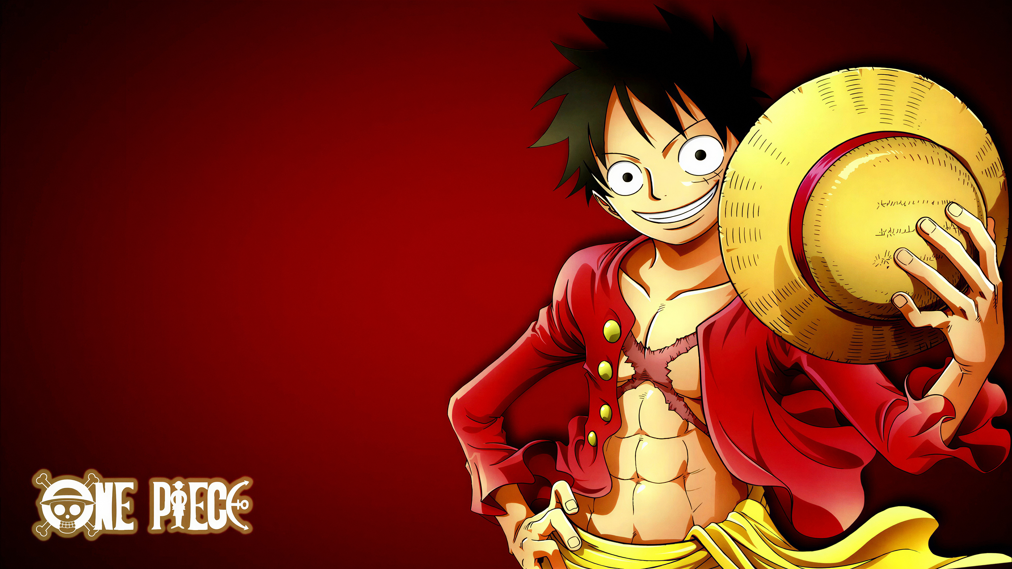 Monkey D. Luffy wearing his iconic Straw Hat with a bright red background, featuring the character from One Piece.