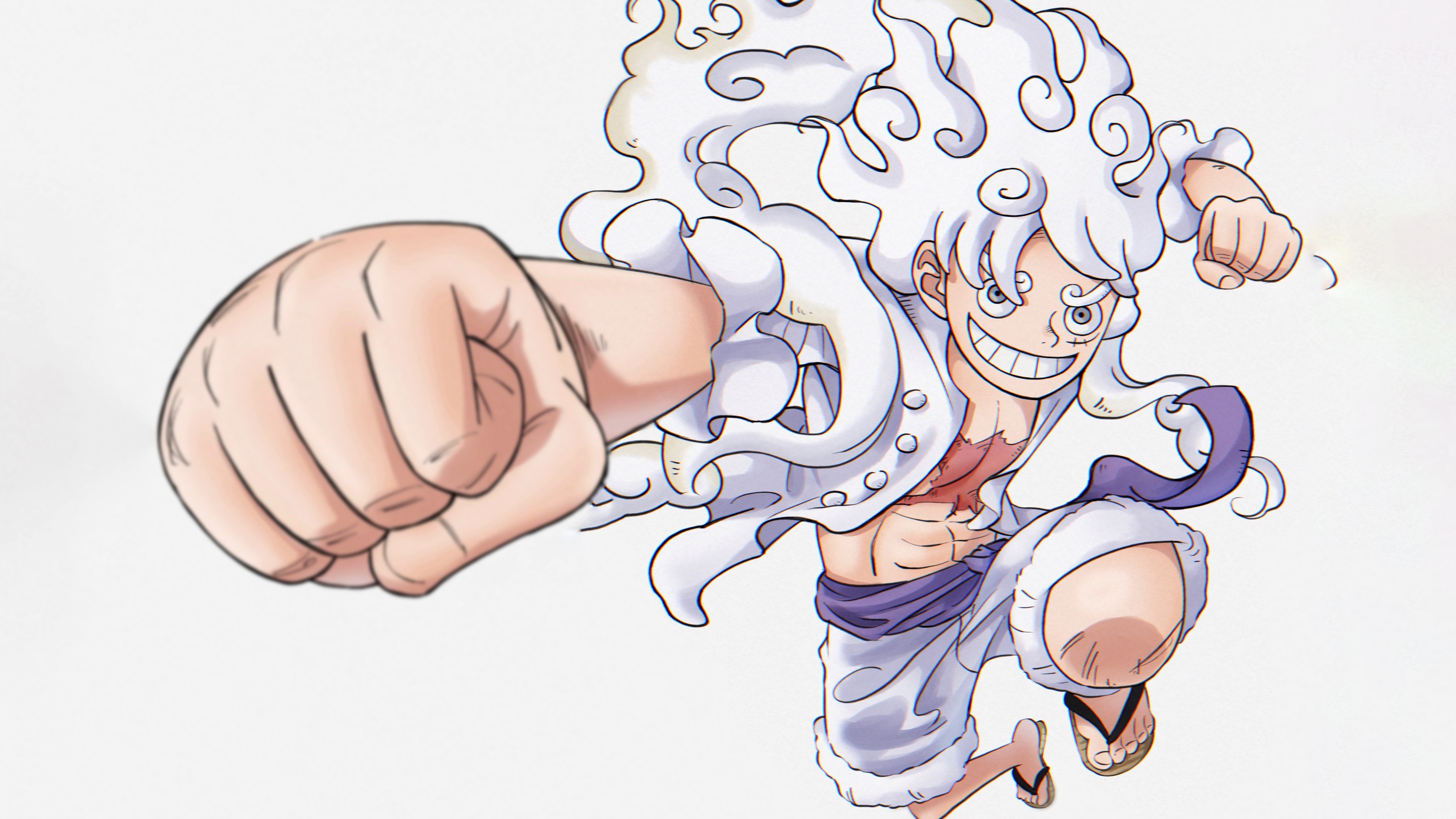 Monkey D. Luffy in his Sun God Nika form performing a powerful punch from the anime One Piece.