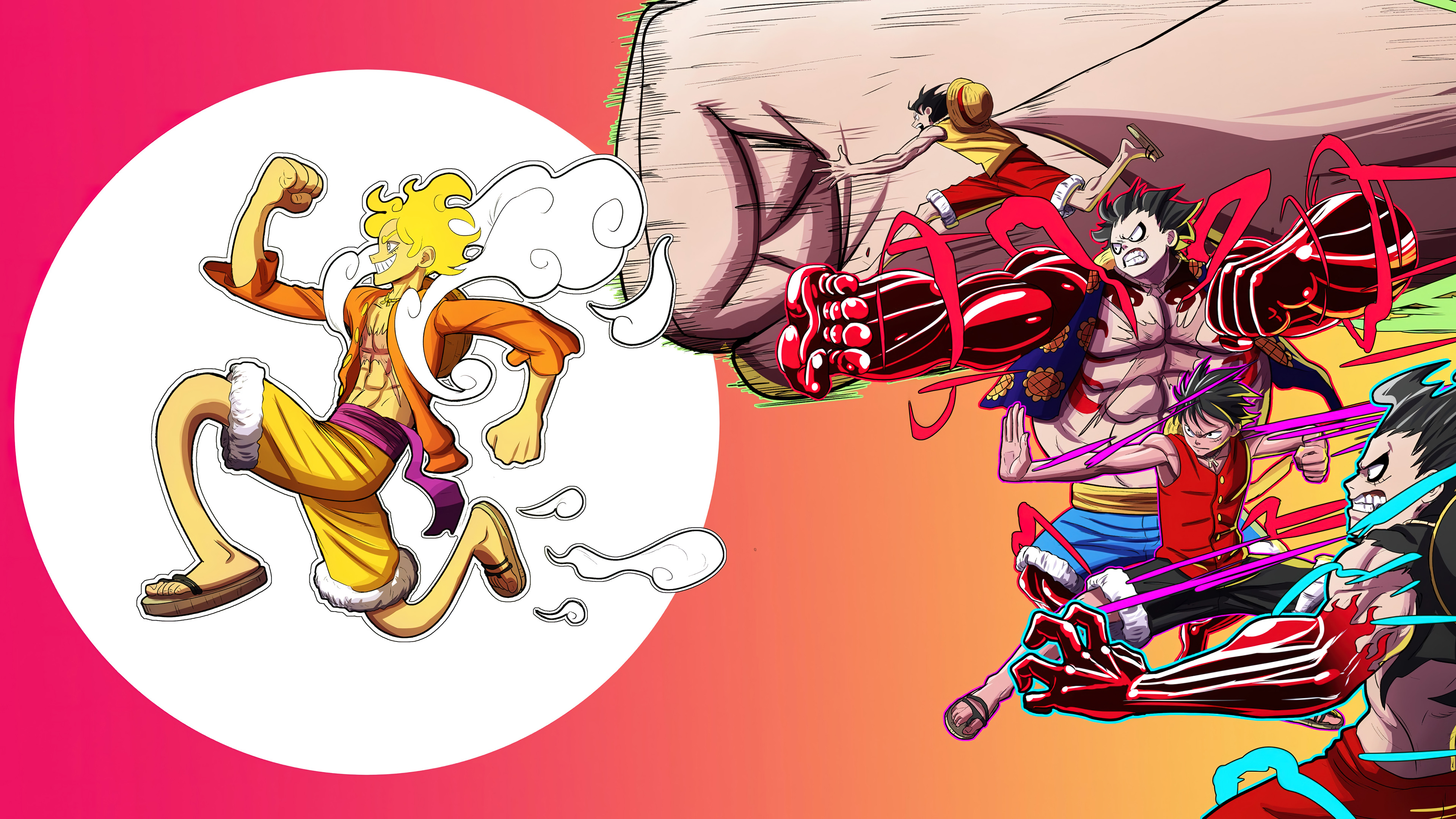 Monkey D. Luffy in his Sun God Nika Gear 5 form from the One Piece anime series.