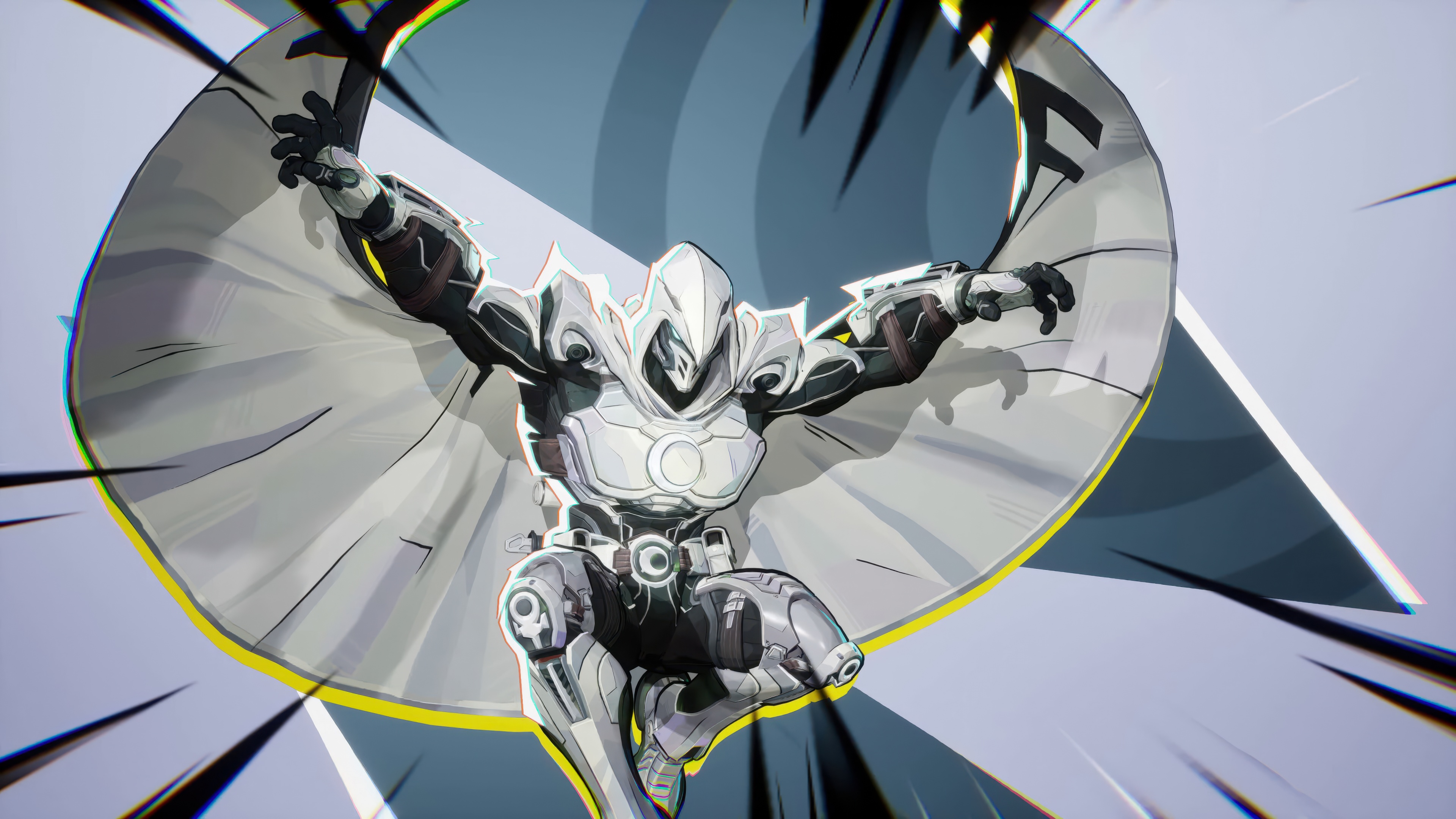 Detailed character art of Moon Knight from the game Marvel Rivals, featuring his signature white superhero armor and lunar motifs.
