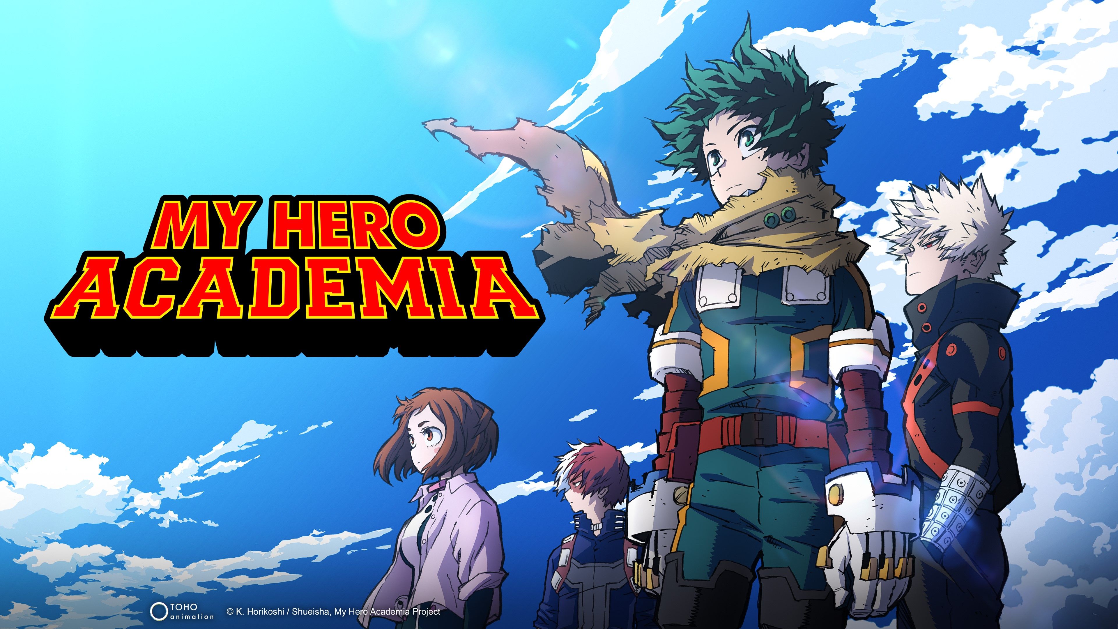 Izuku Midoriya, Ochaco Uraraka, Katsuki Bakugo, and Shoto Todoroki from the My Hero Academia anime series.