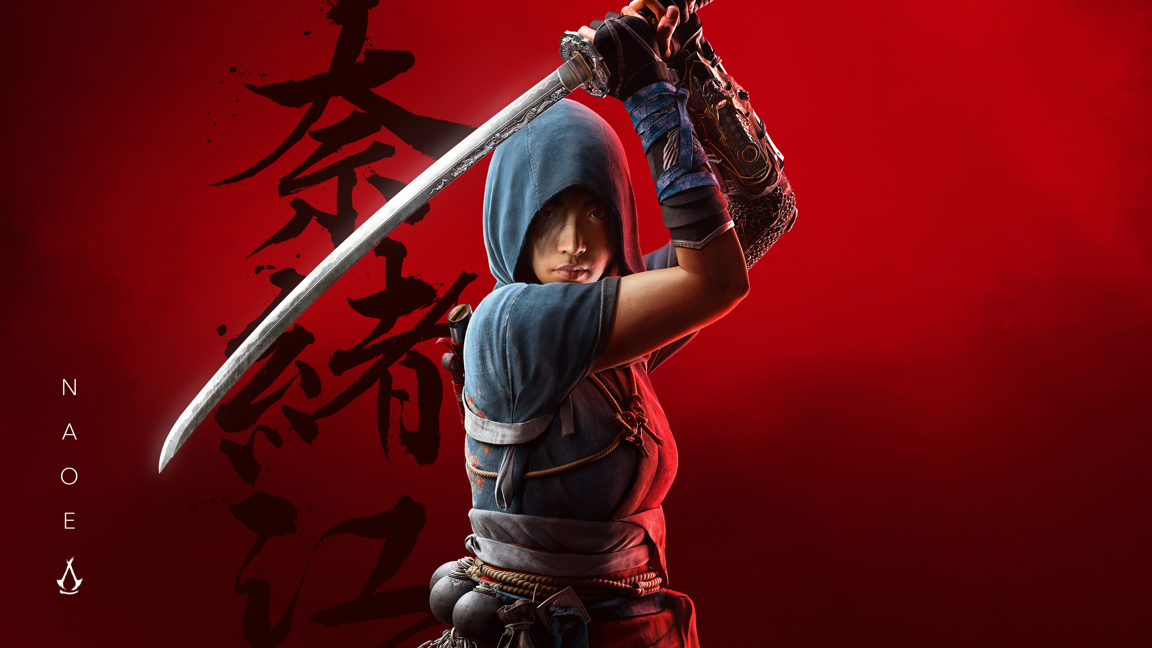 Cinematic portrait of Naoe from Assassin's Creed Shadows with a dark red aesthetic
