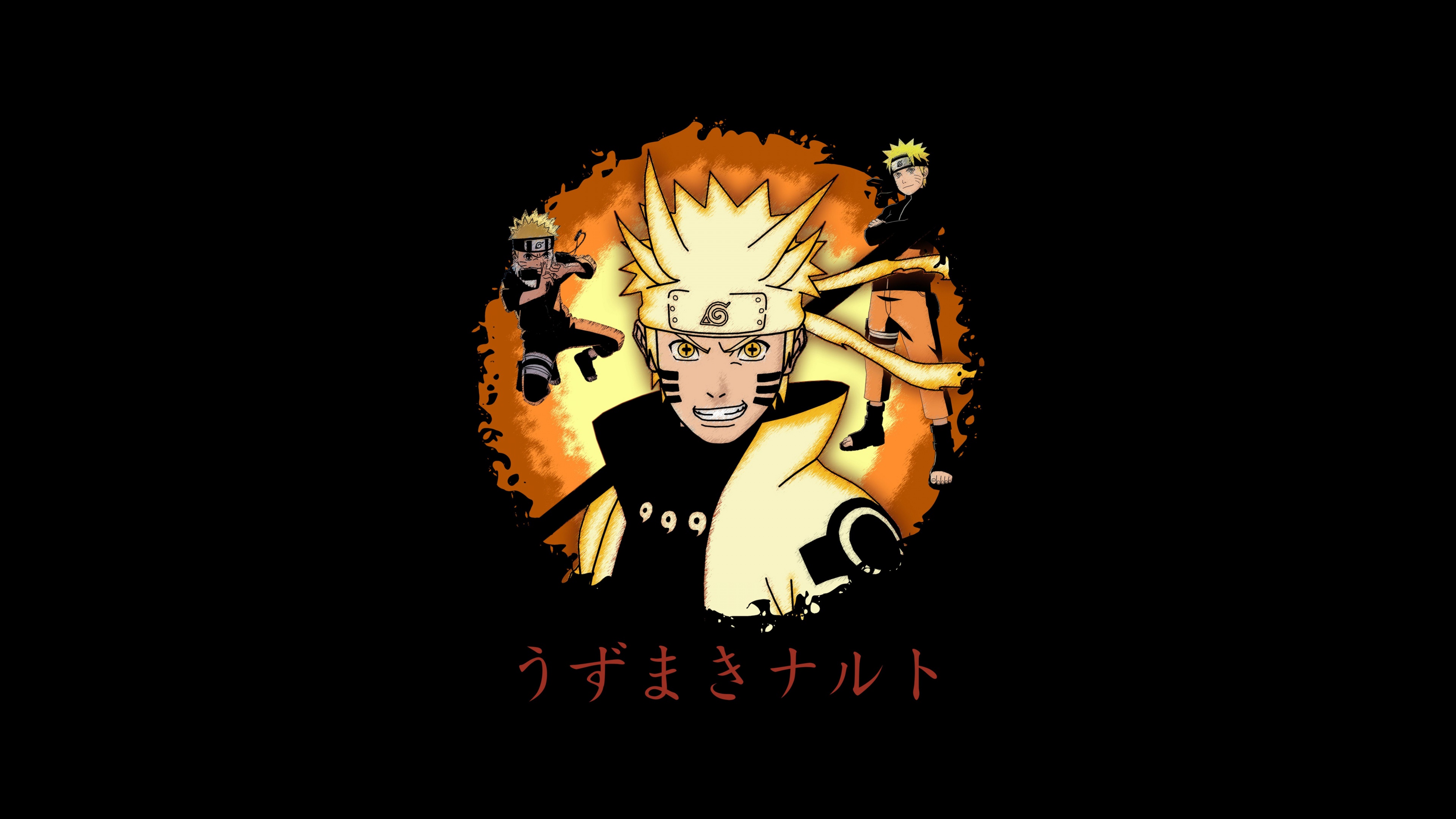 A cinematic, high-detail portrait of Naruto Uzumaki from the Naruto anime set against a dark black background.