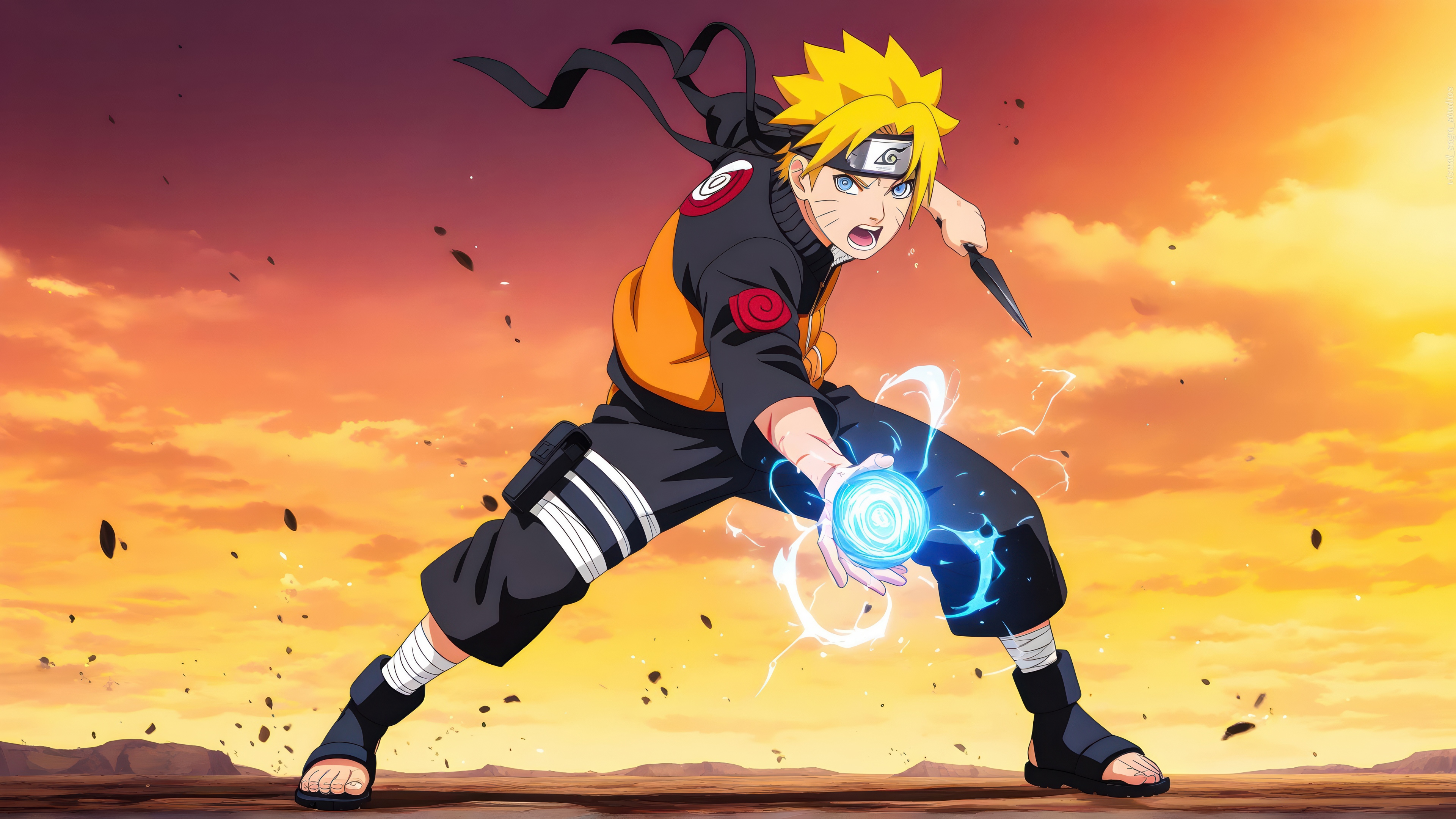 Naruto Uzumaki from the Naruto anime series standing against a dramatic orange and gold sunset sky.