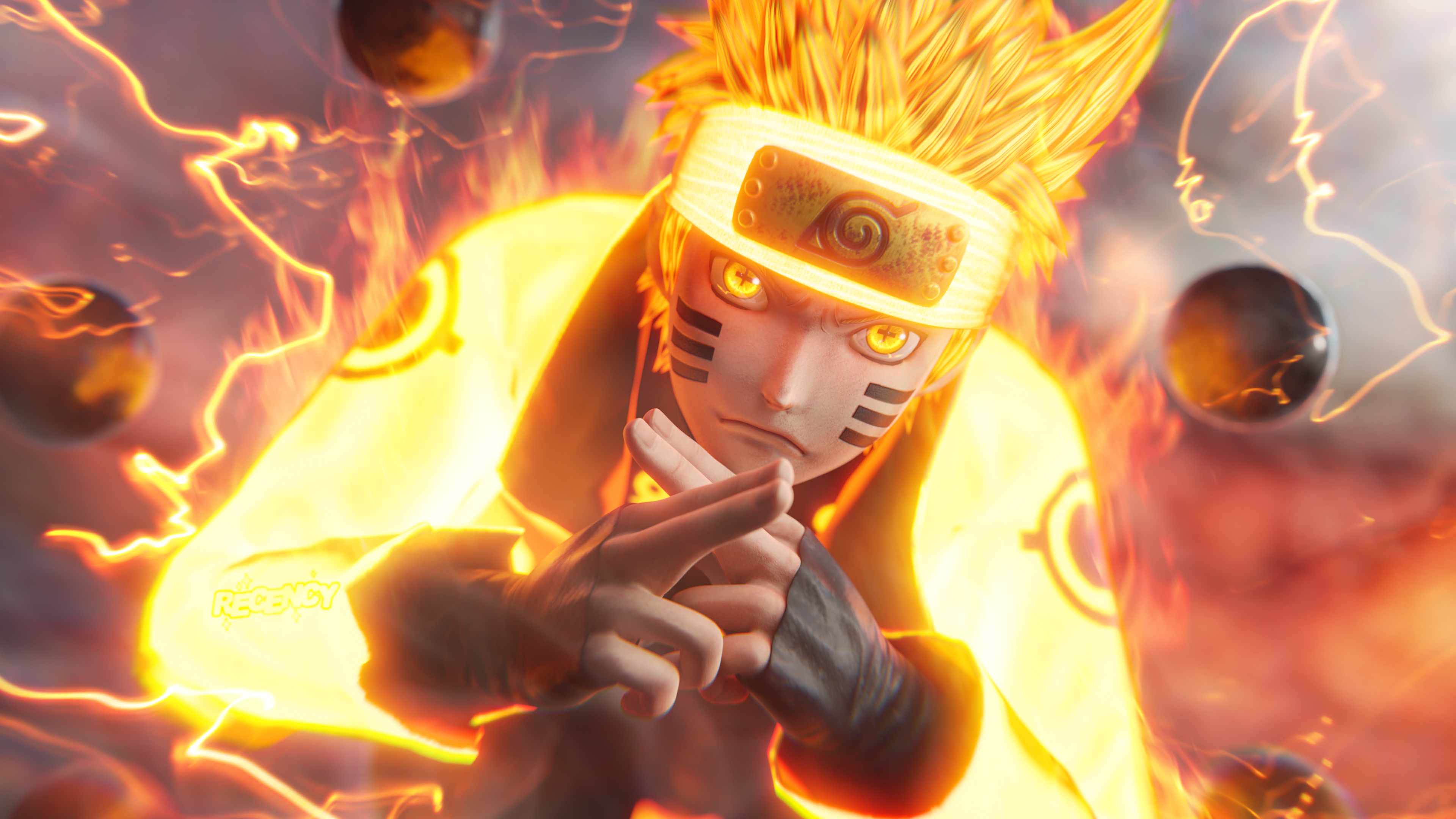 High-detail 3D render of Naruto Uzumaki in Six Paths Sage Mode from the Naruto anime