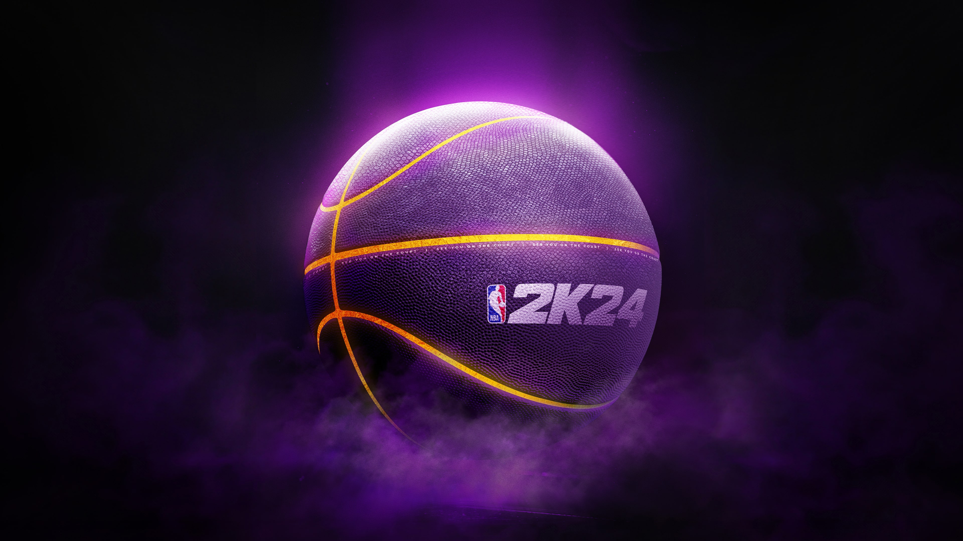 A basketball player in action from NBA 2K24 set against a deep purple aesthetic background.