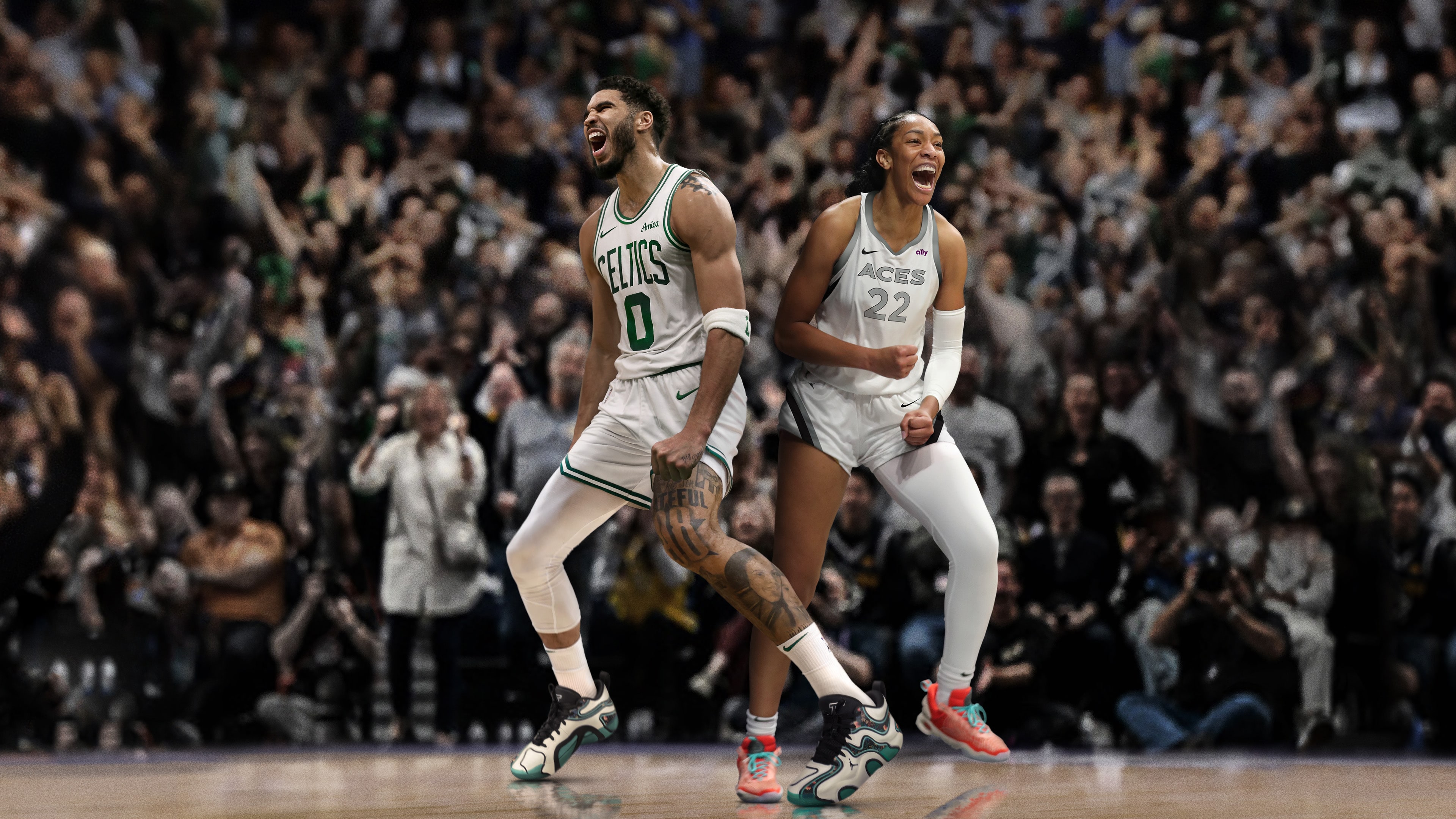 Jayson Tatum and Aja Wilson depicted in the high-fidelity graphics of the NBA 2K25 video game.