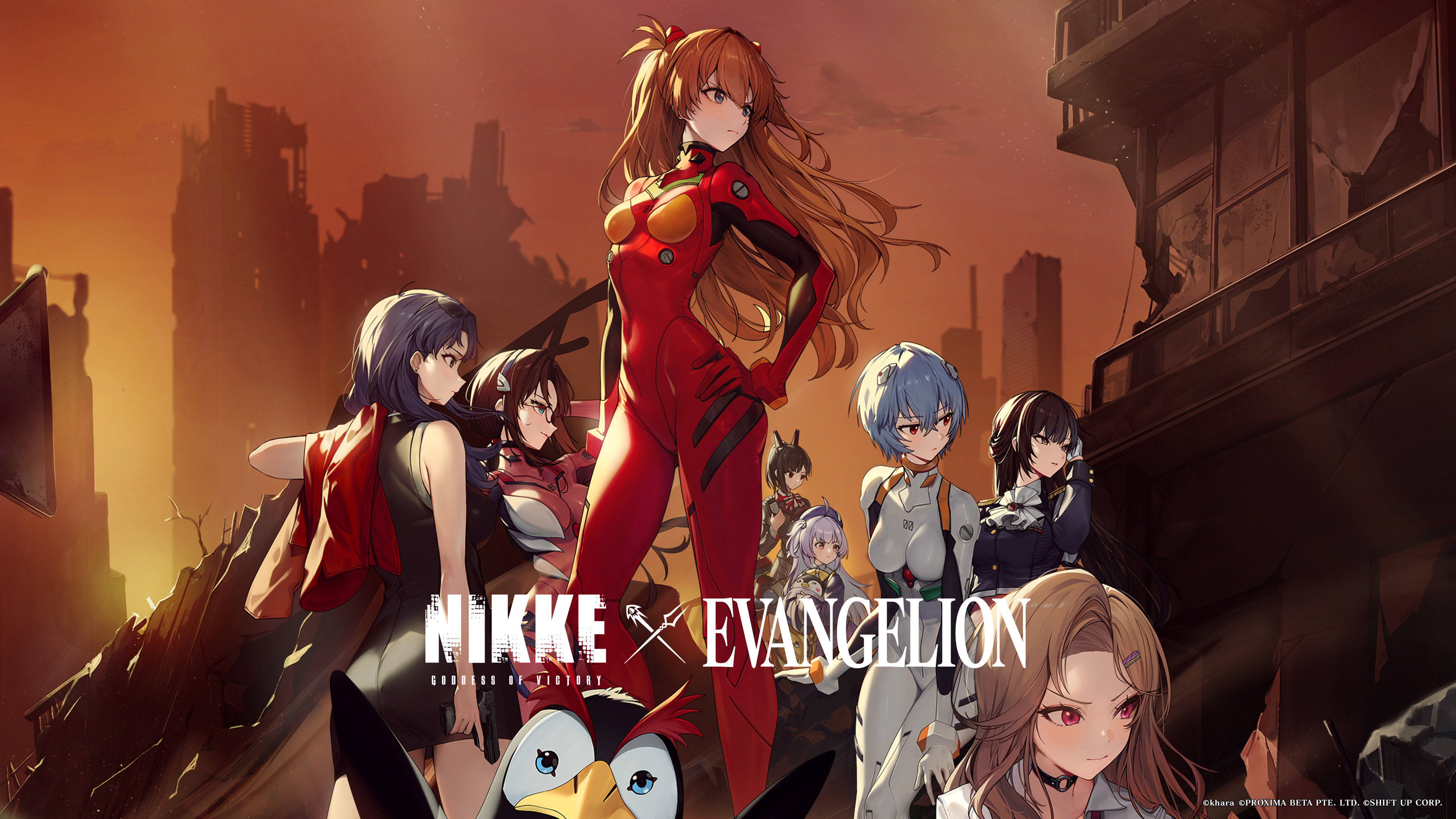 A group portrait featuring Asuka Langley Soryu, Rei Ayanami, Mari Illustrious Makinami, and Misato Katsuragi from Neon Genesis Evangelion.
