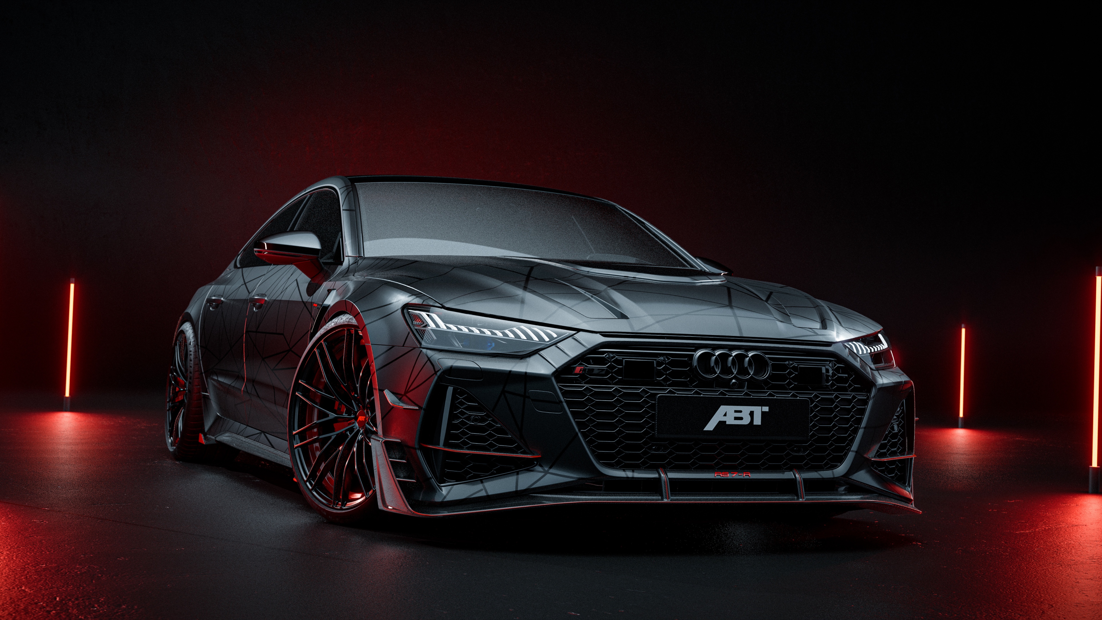 An Audi RS7-R with neon lighting accents in a dark, cinematic setting.