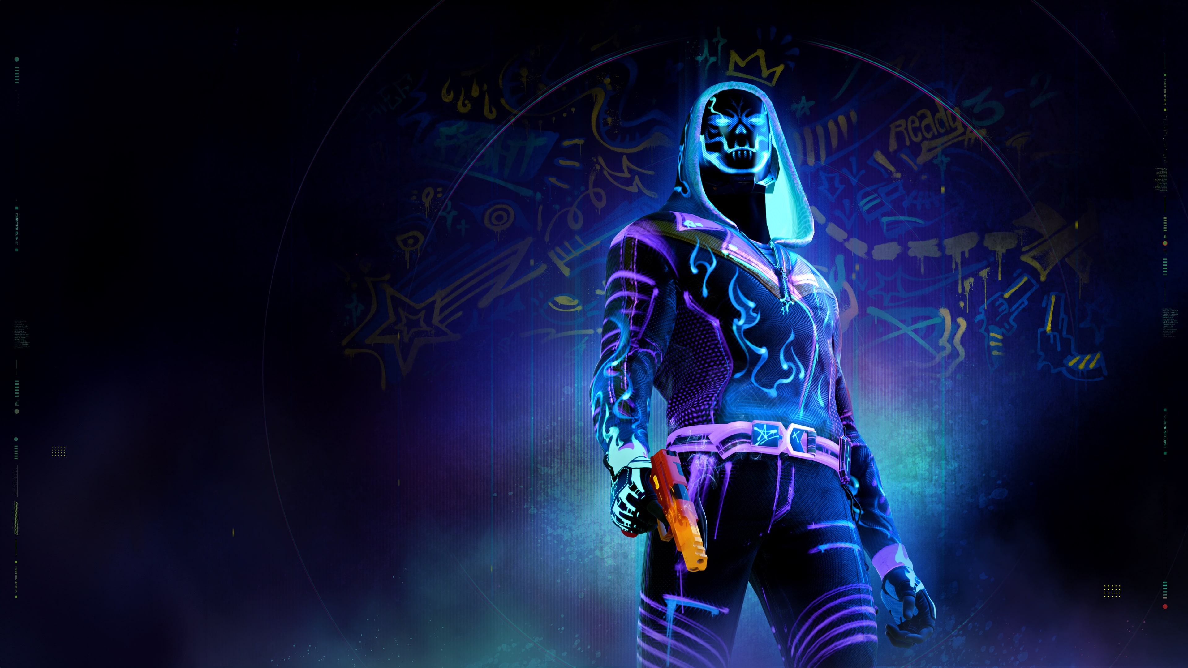 A futuristic character with neon glowing elements in a dark, high-contrast game art style.