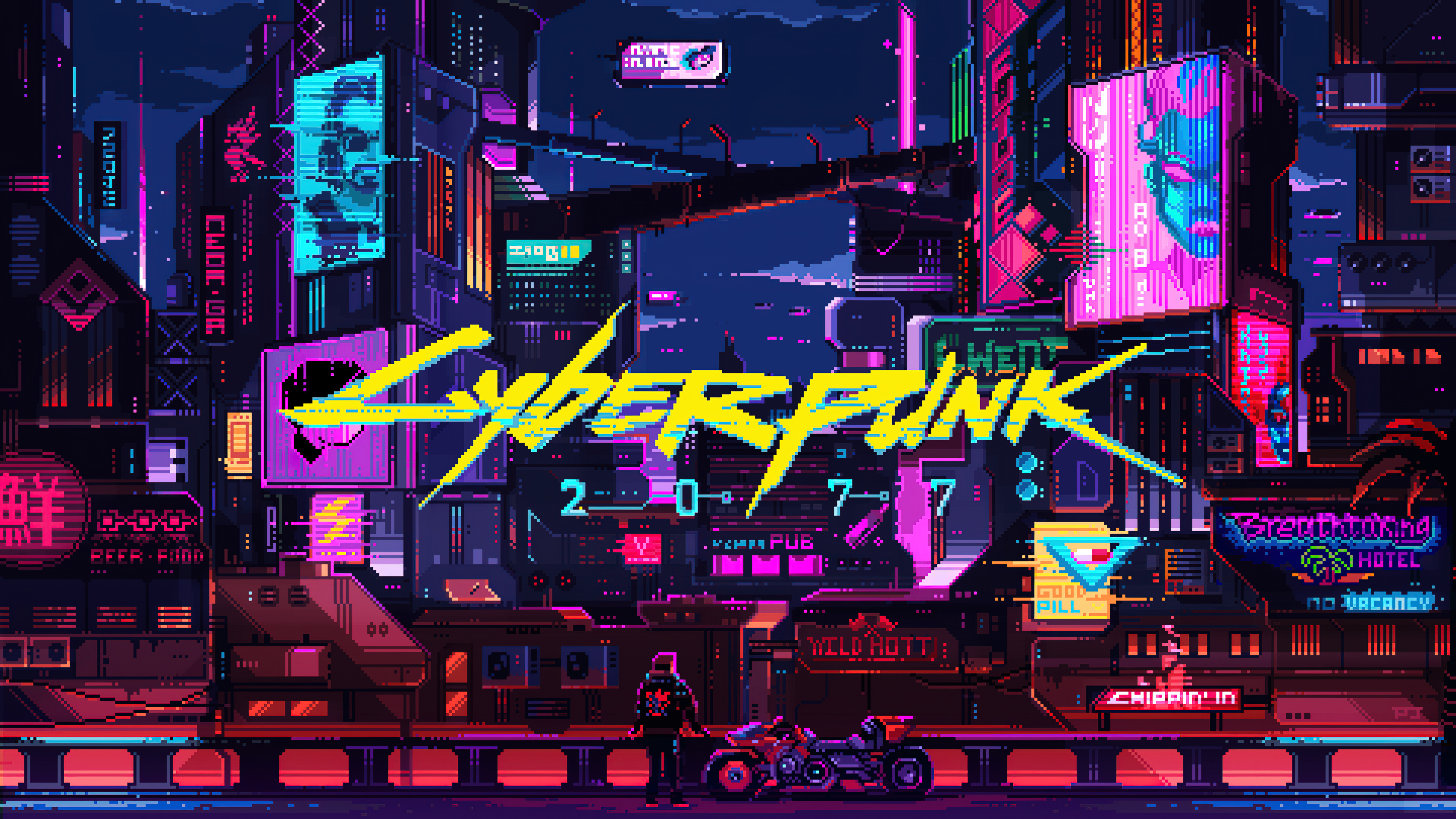 Pixel art of a lone figure in a dark, neon-lit cyberpunk cityscape with retro-futuristic architecture and dystopian atmosphere.