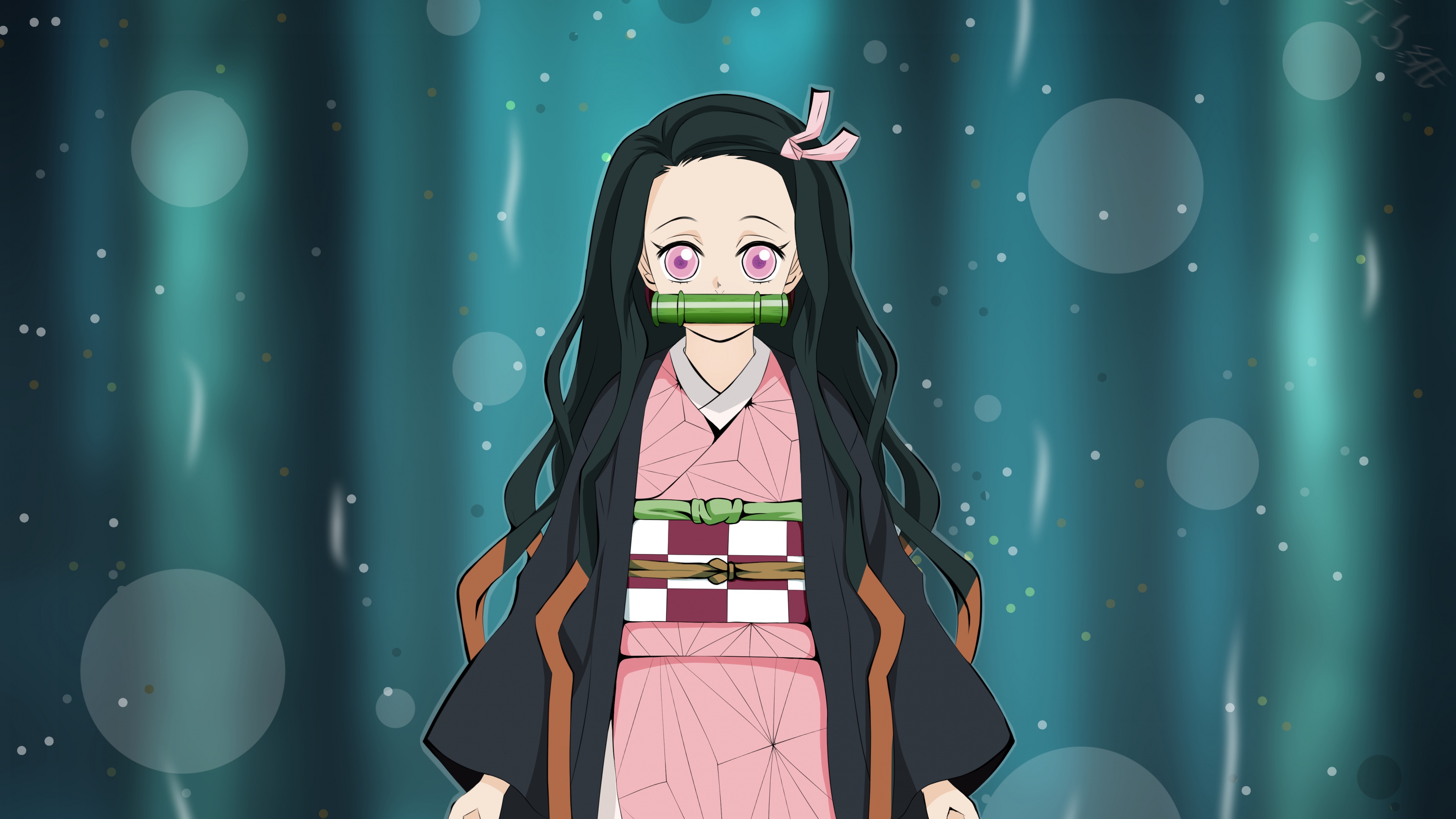 A high-resolution 5K portrait of Nezuko Kamado from Demon Slayer: Kimetsu no Yaiba
