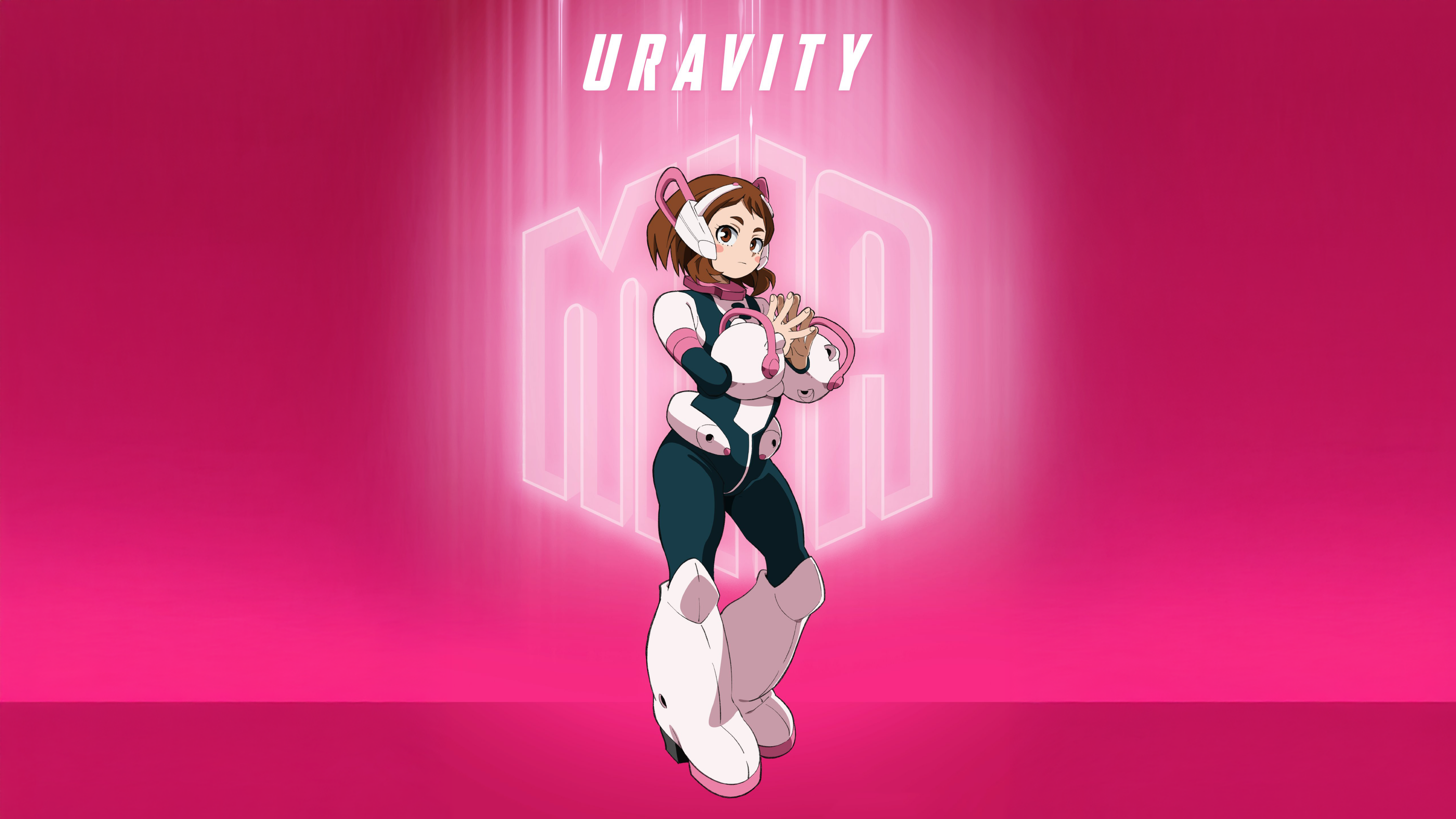 Ochaco Uraraka from My Hero Academia set against a bright pink background