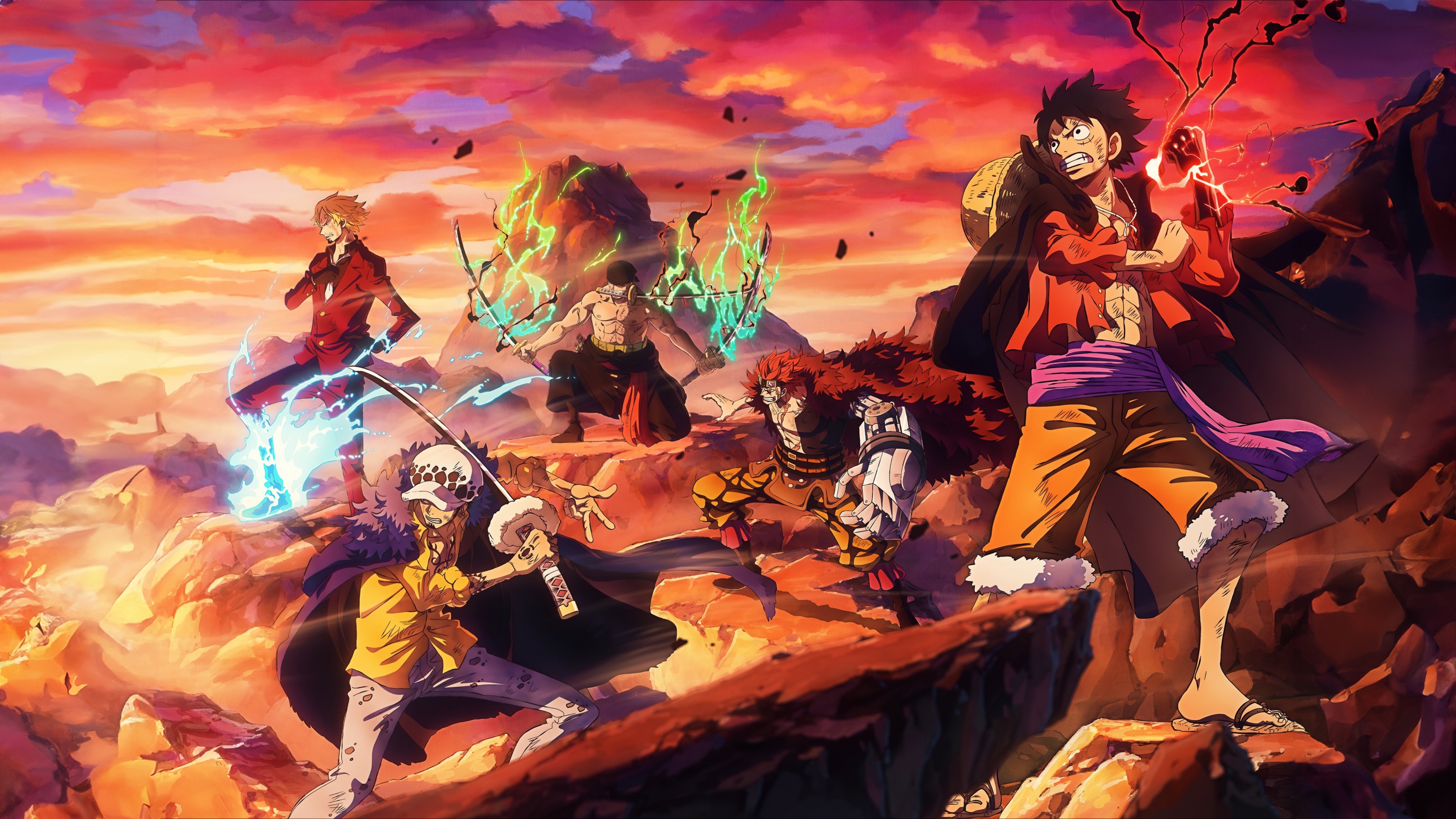 Character art of Monkey D. Luffy, Roronoa Zoro, Sanji, and Trafalgar Law from the anime One Piece.