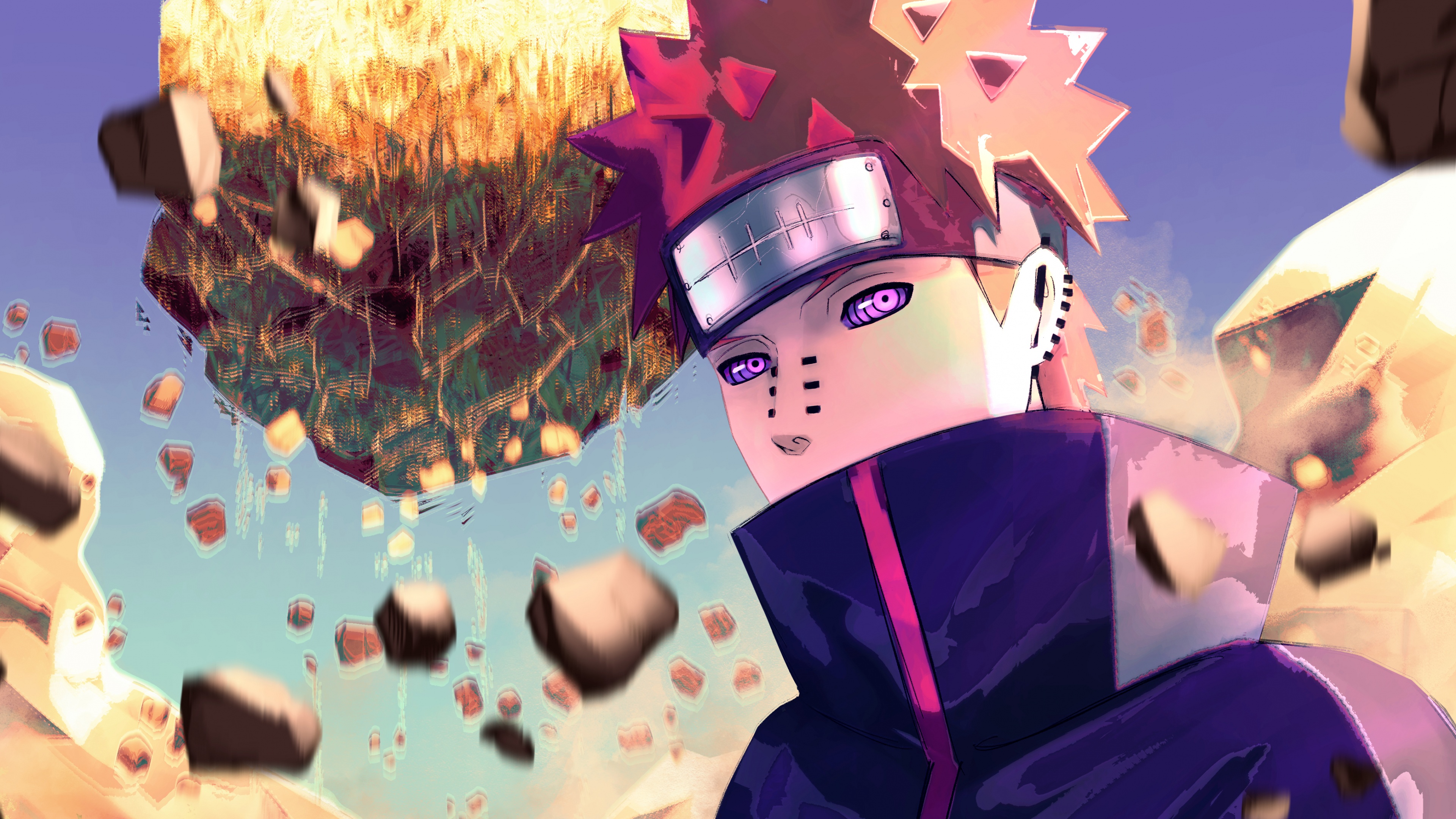 A close-up portrait of Pain (Nagato) from Naruto Shippuden featuring his Rinnegan eyes and facial piercings.