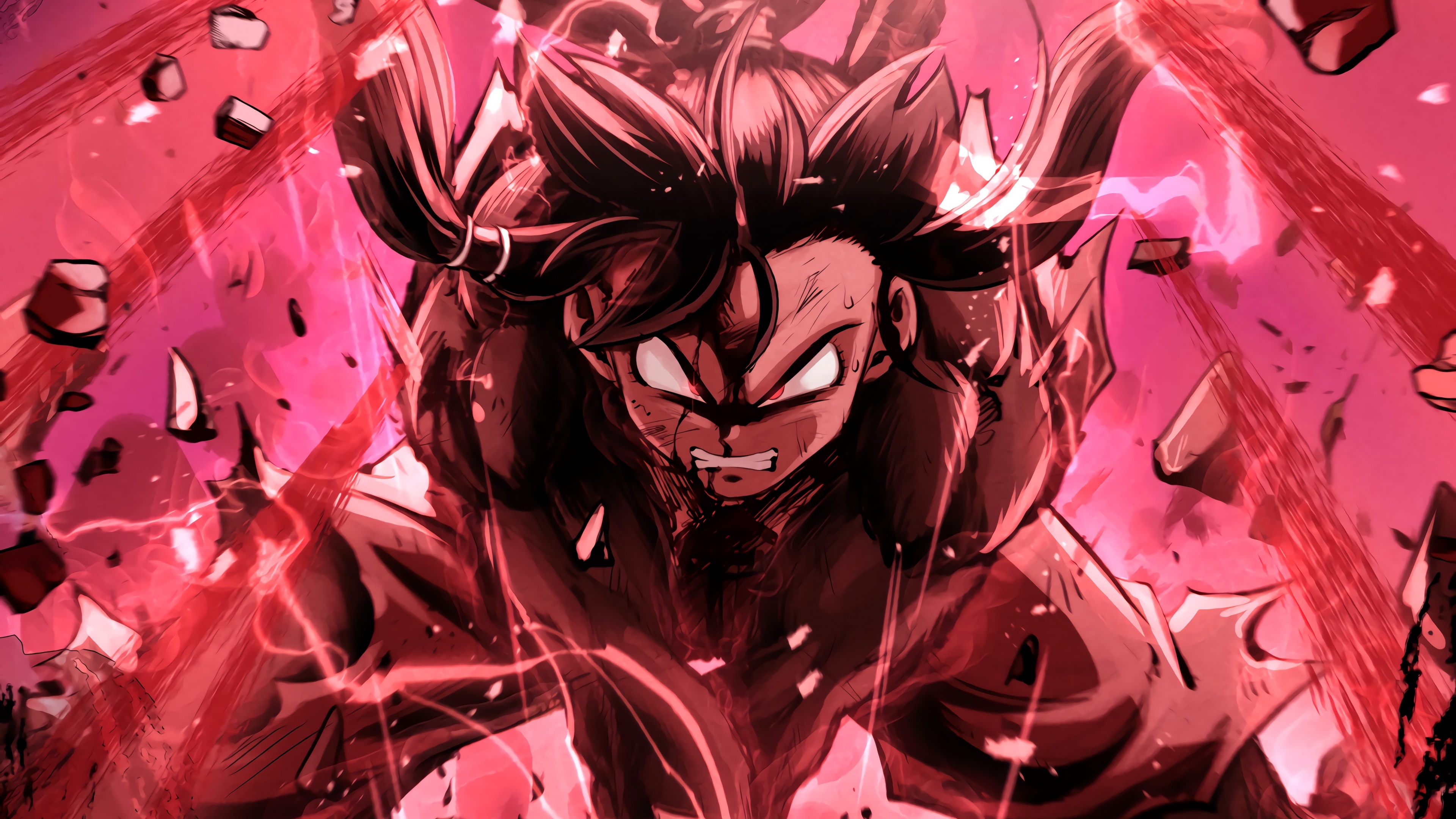 Pan from Dragon Ball in a Super Saiyan 4 Fusion transformation with intense energy aura