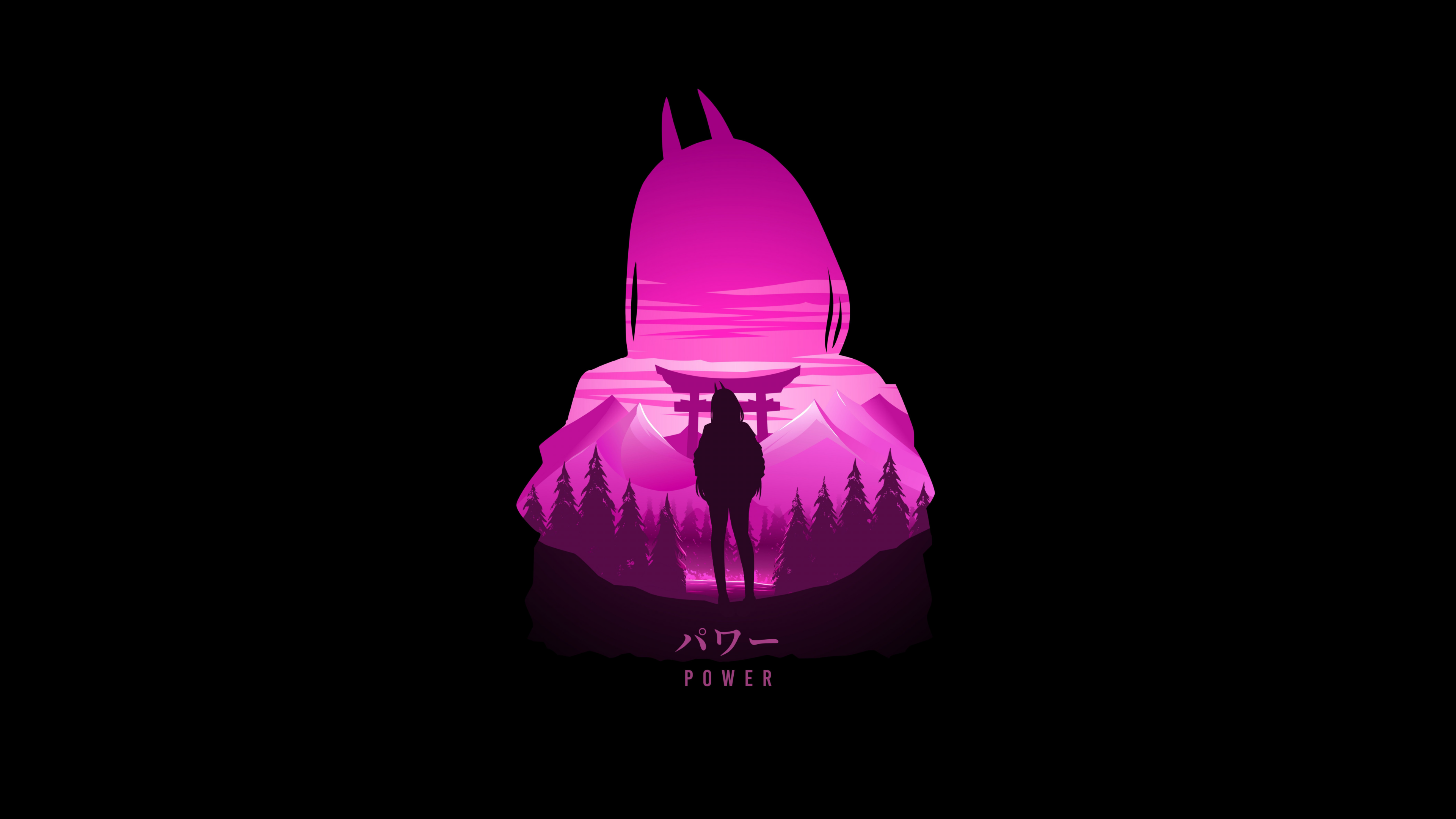 Minimalist AMOLED-style digital art of Power from Chainsaw Man on a solid black background.