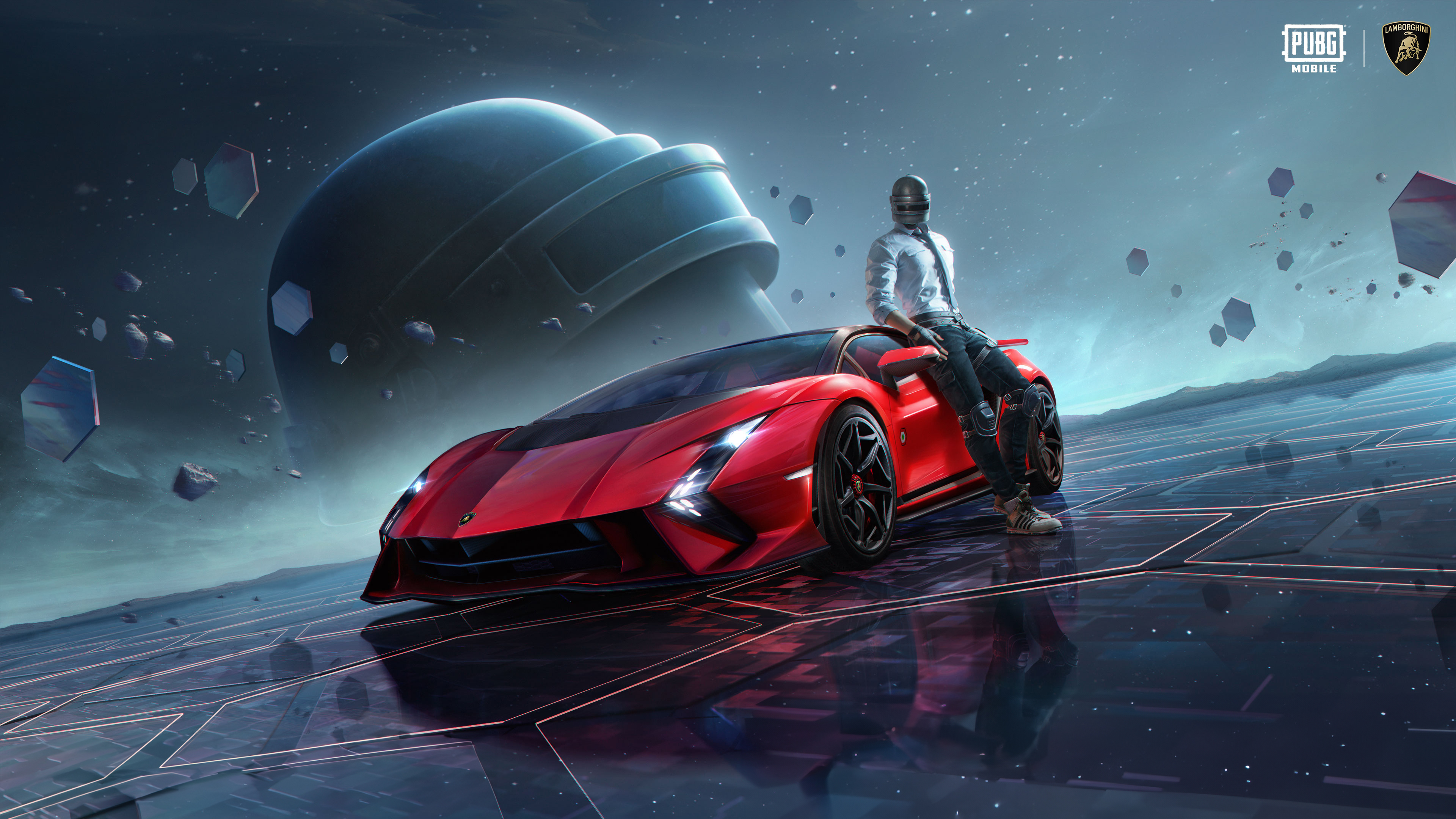 A PUBG MOBILE player wearing a Level 3 helmet standing next to a red Lamborghini Invencible car.