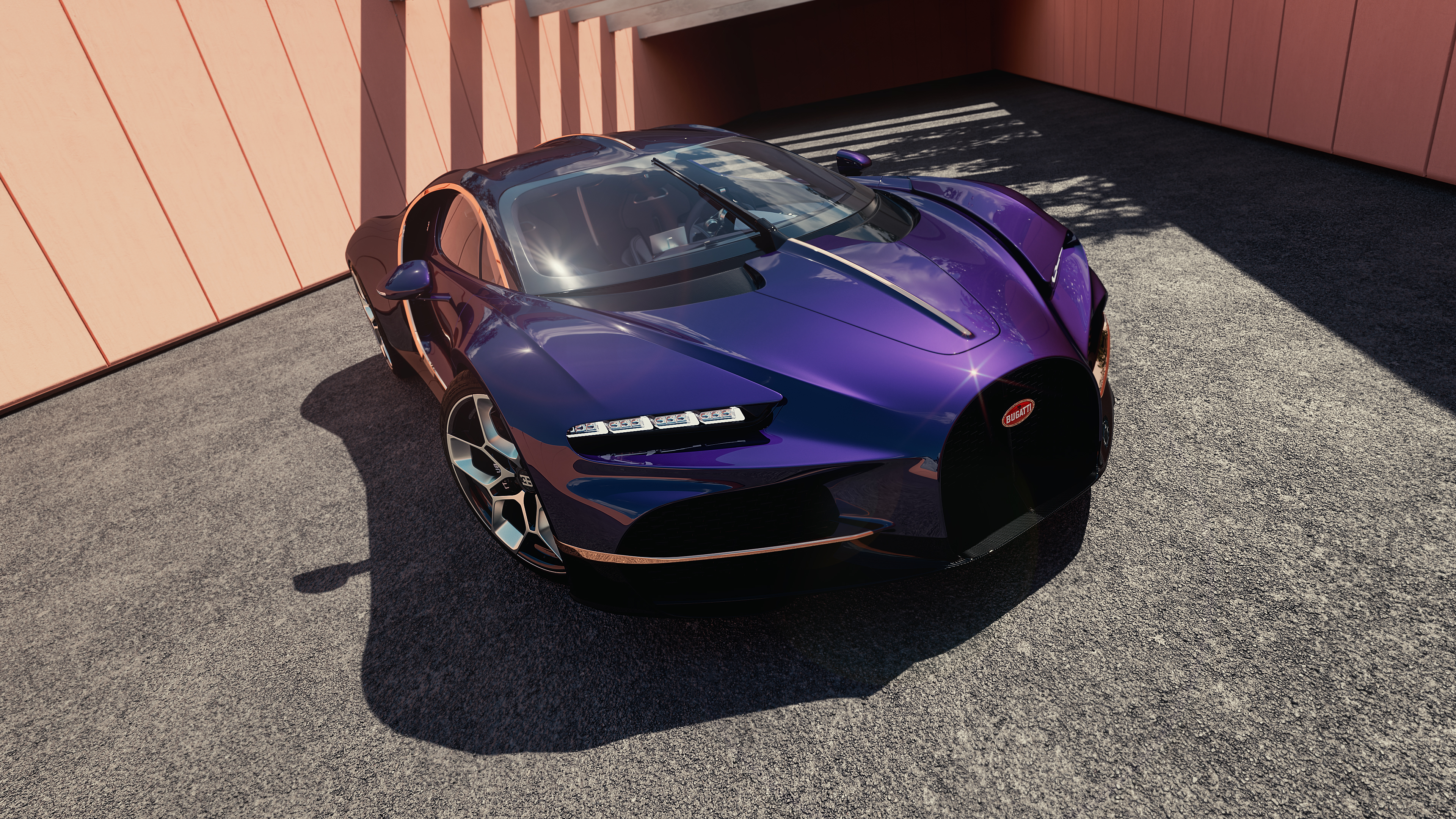 A metallic purple Bugatti Tourbillon hypercar parked in front of a luxury modern building with large glass windows and clean geometric lines.