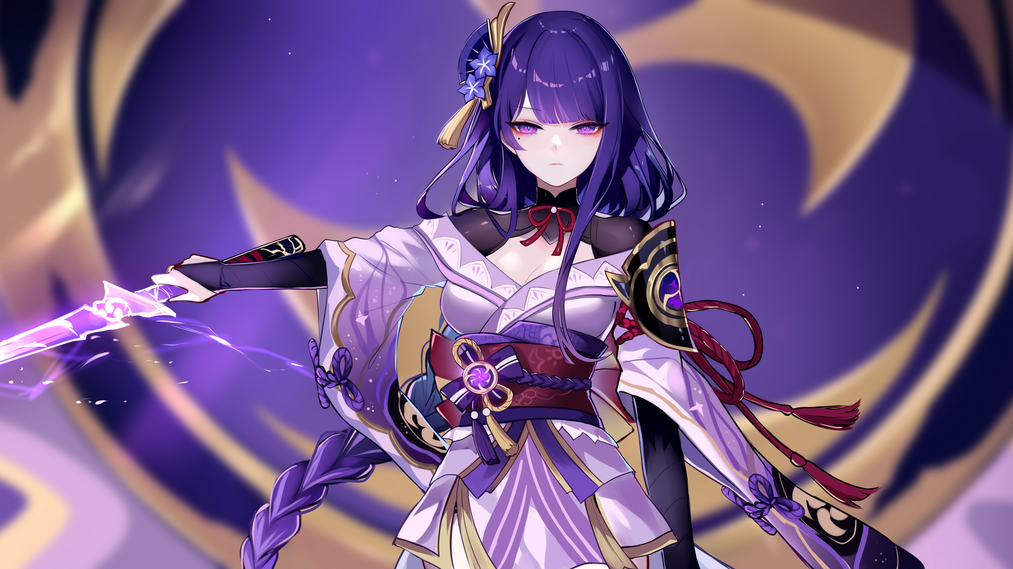 Raiden Shogun from Genshin Impact with purple hair and electro energy effects.