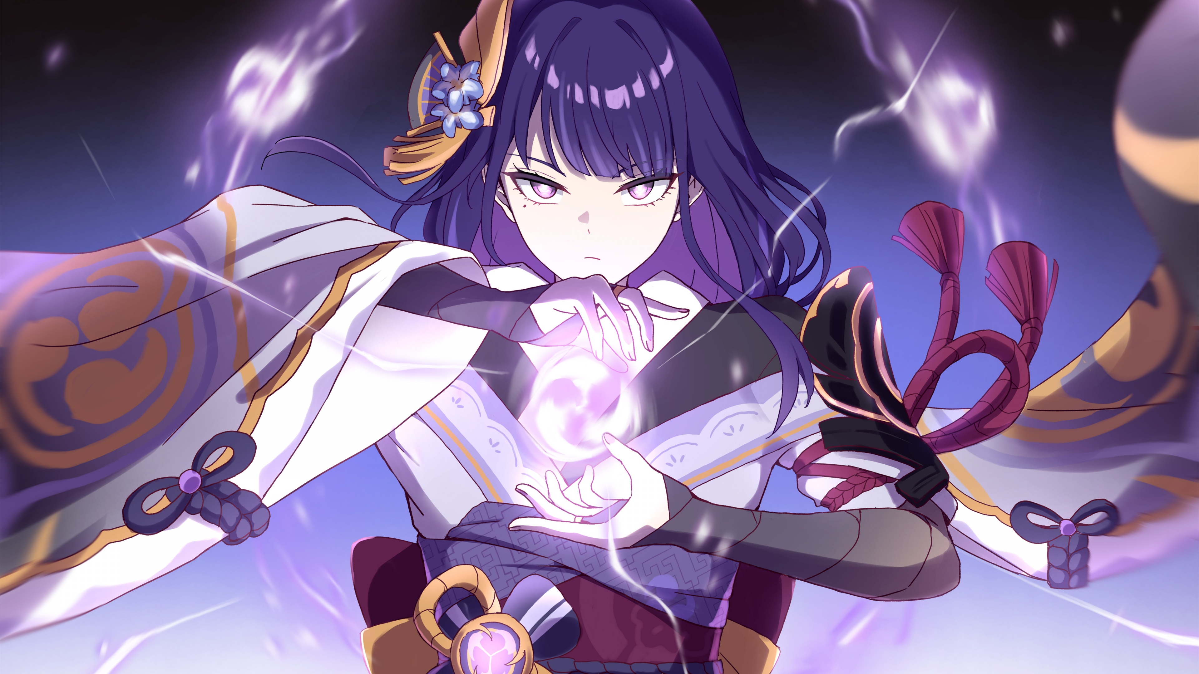 Raiden Shogun from Genshin Impact featuring her iconic purple hair and lightning-themed attire.