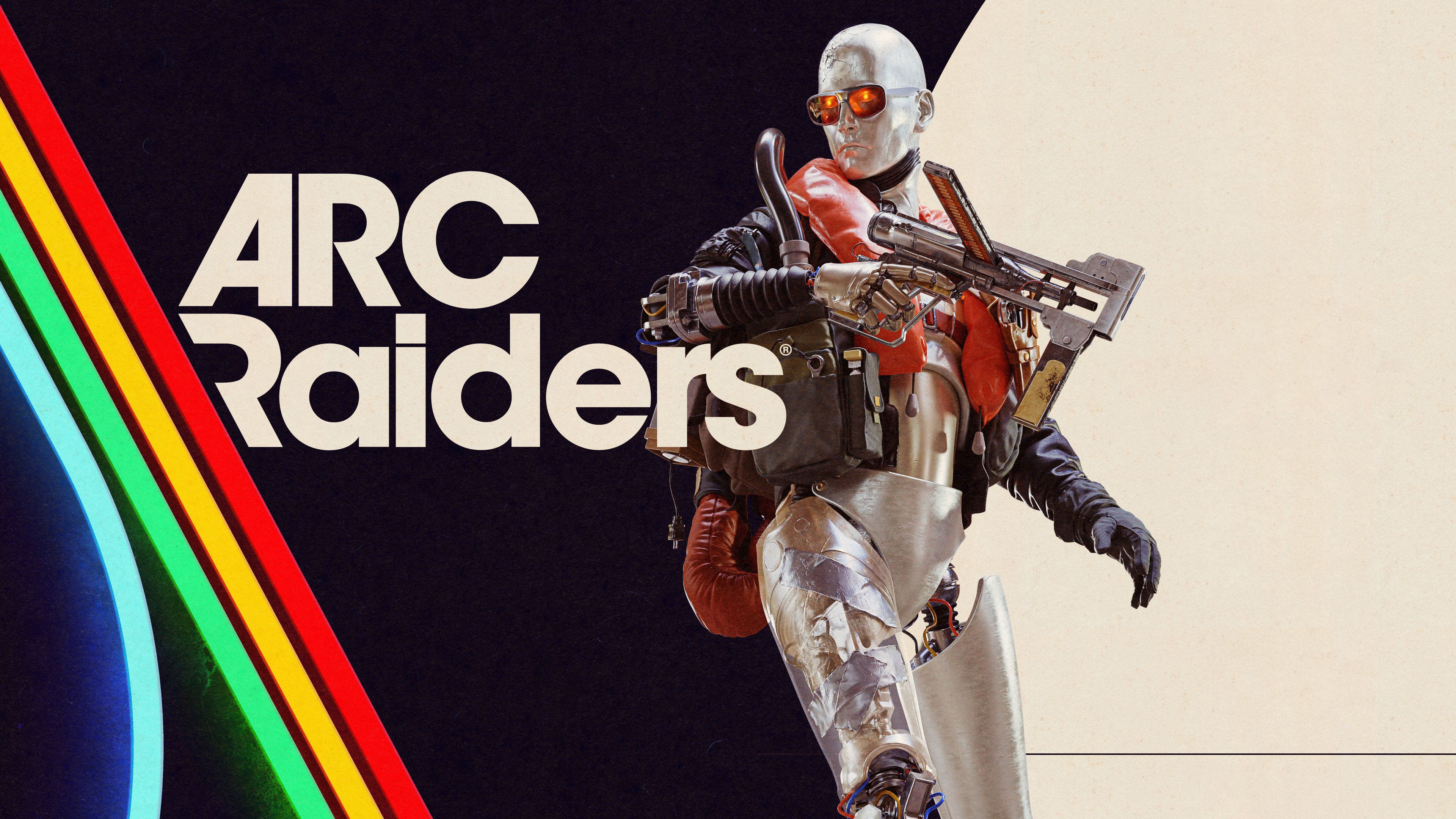 A tactical Raider character from ARC Raiders standing in a gritty, post-apocalyptic environment.