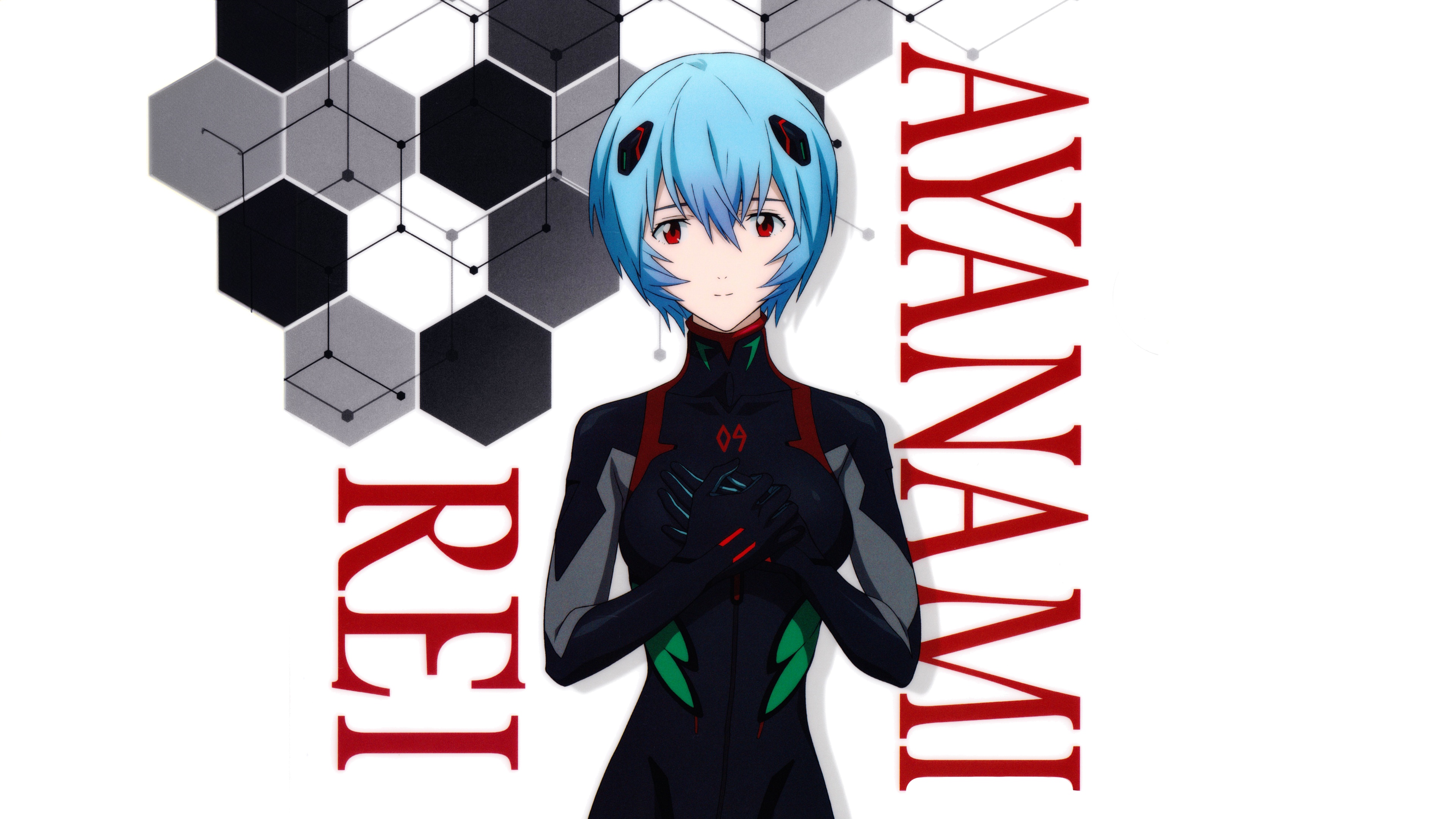 A high-resolution, close-up portrait of Rei Ayanami from Neon Genesis Evangelion showing her blue hair and calm facial features.
