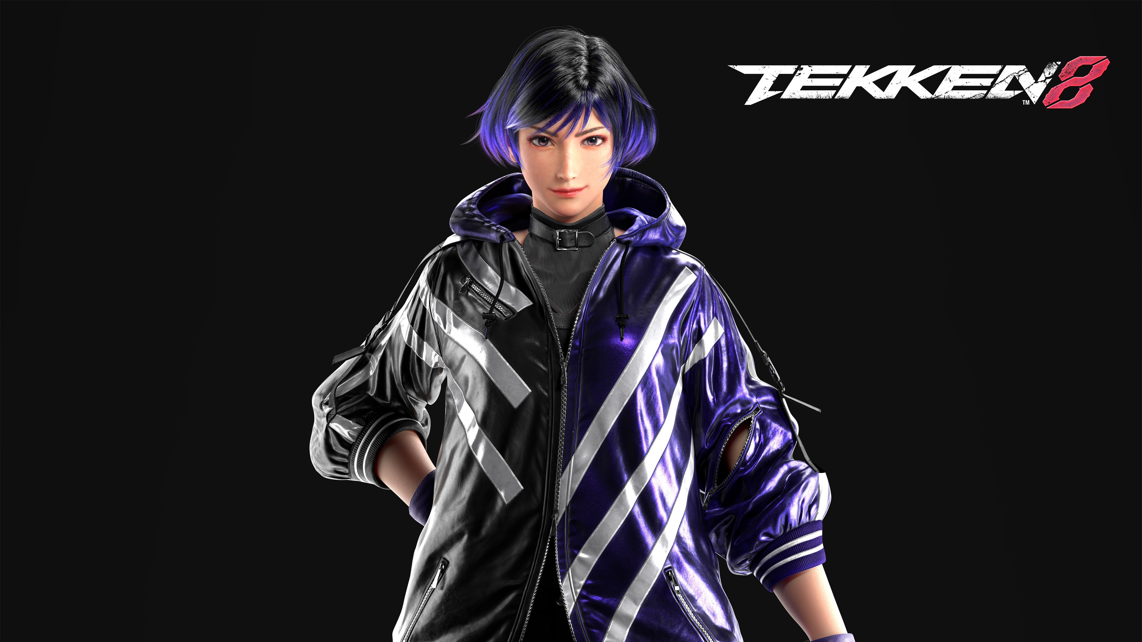 Close-up portrait of Reina from Tekken 8 against a dark, atmospheric background.