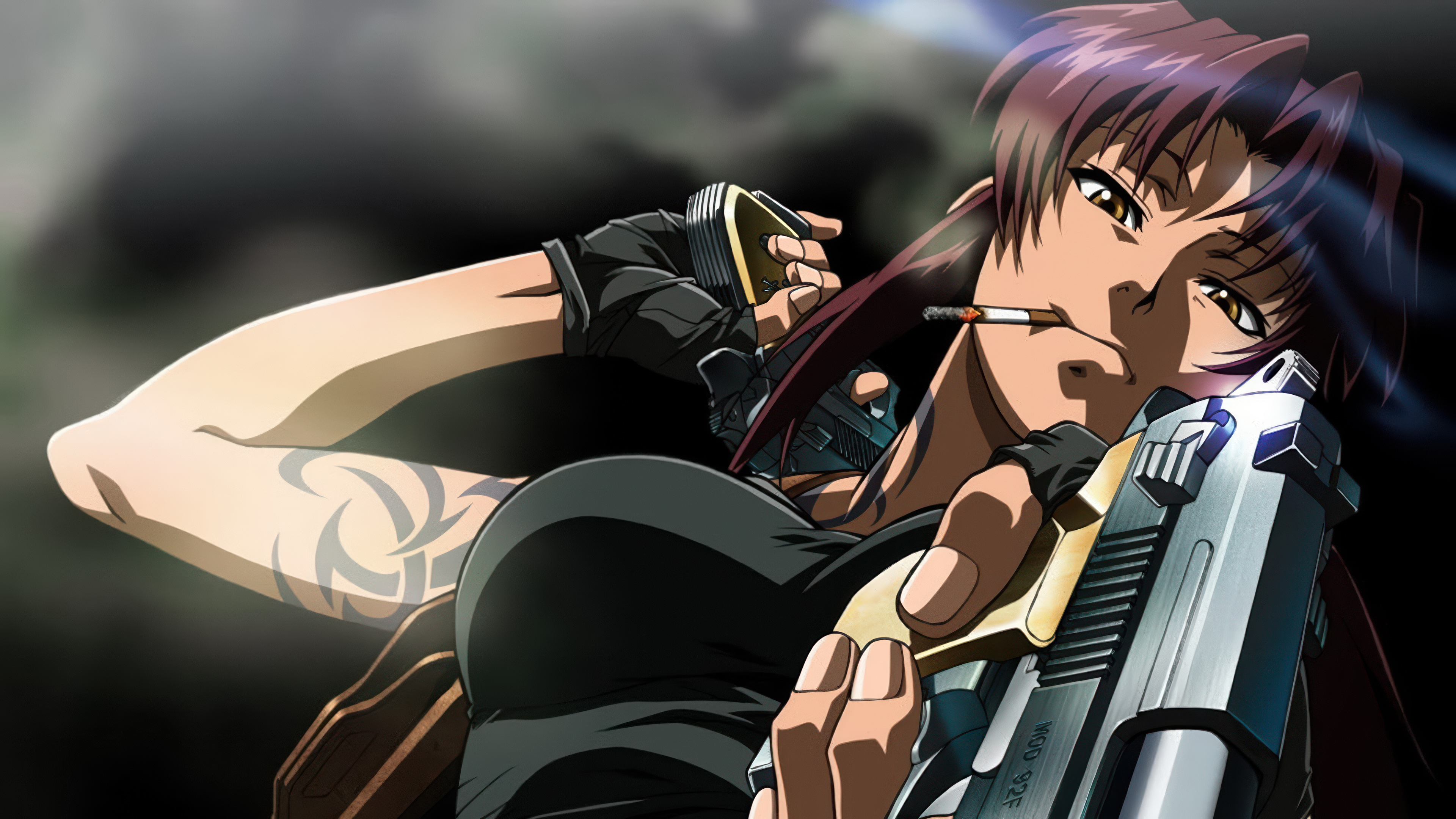 Revy from Black Lagoon smoking a cigarette in a dark, atmospheric setting